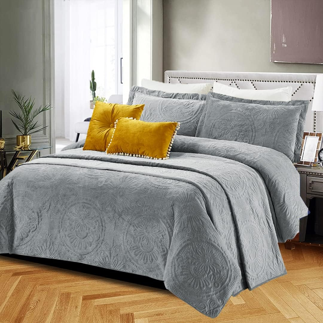 Luxury Crushed Velvet Quilted Bedspread Comforter Bed Throw Bedding Sets - Super Soft Quilt Coverlets Bedspreads Bed Set - Double, Grey image number 1