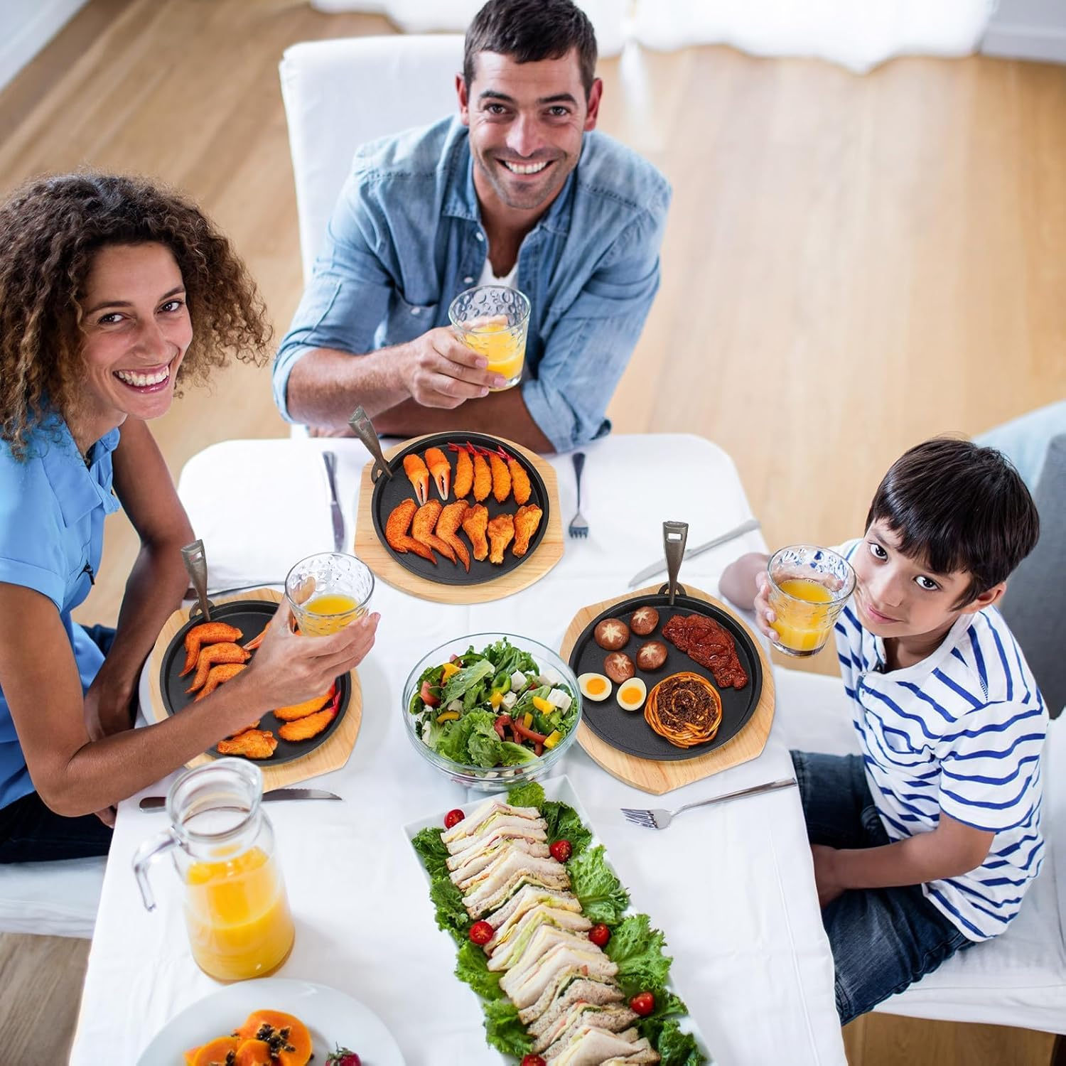 2 Set Cast Iron Fajita Plate Set with Wooden Base anti Scald Protection Removable Handle Fajita Plate Sizzling Pan Cast Iron Skillets Set for Home Restaurant Kitchen BBQ Cooking (10.3 Inch) image number 4