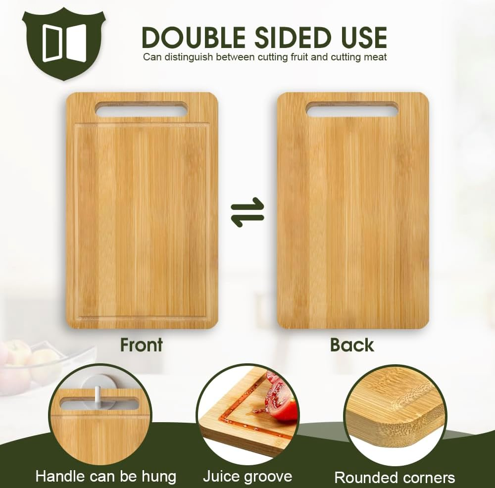 Chamgeco 3-Piece Reversible Bamboo Cutting Boards, Wooden Chopping Boards Set for Meat Vegetables Cheese, Chopping Mats Serving Tray with Juice Grooves & Handles Perfect for Meal Prep, Charcuterie image number 2