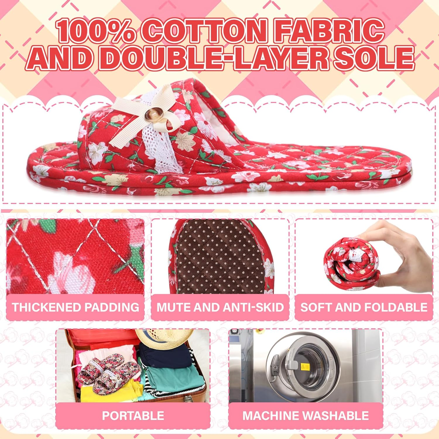 Chicingyou 3 Pairs Floral Cotton House Slippers for Guest Women Washable Indoor Cotton Slippers Open Toe for Hotel Travel Airplane Spa image number 5