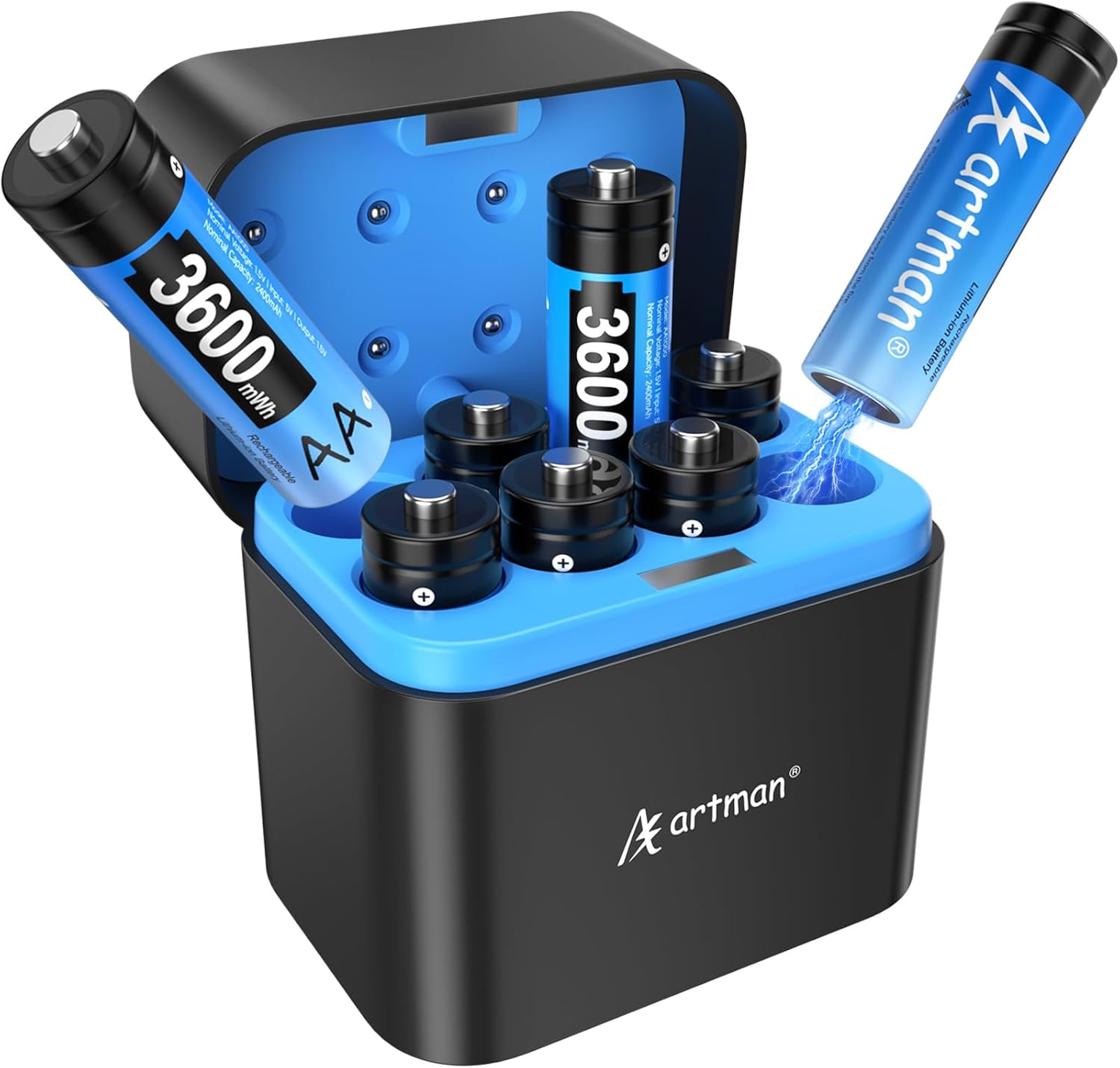 Artman Rechargeable Lithium AA Batteries with Charger, 8 Pack 3600Mwh AA Lithium Batteries for Blink Outdoor Camera, 1.5V Constant Output Double a Battery Rechargeable, 2000 Cycle Charging Time (Blue)