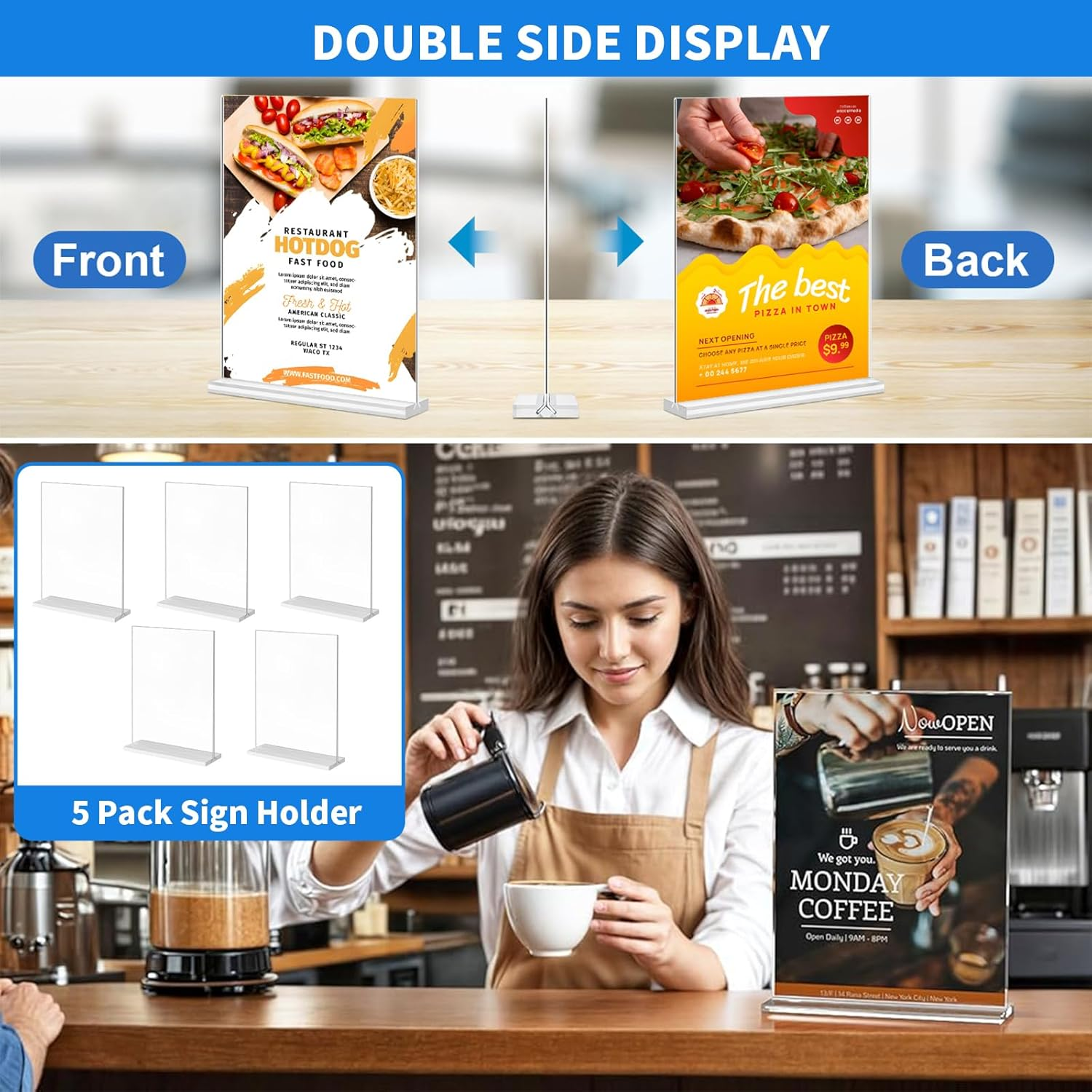 5 Pack Sign Holder, Clear T-Shape A5 Table Top Display Stand, Double Sided Holder for Menu Display, Paper Desk Display Stand, Upright Poster Holder for Promotion Leaflet Exhibition Pictures (5) image number 6