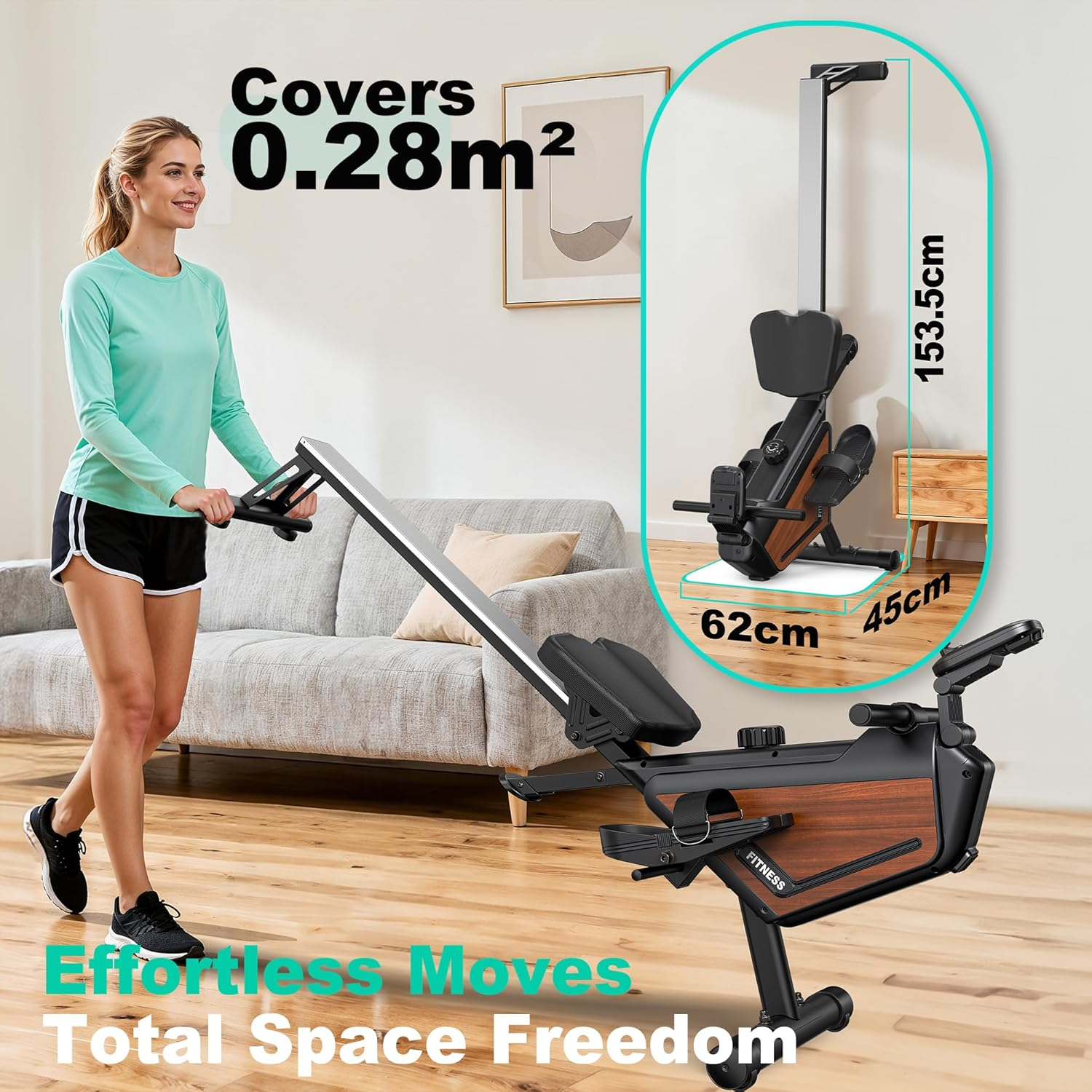 Magnetic Rowing Machine Folding Rower Machine with 16-Level Resistance, Bluetooth Connectivity,Supports Height 150-200Cm &160Kg Load Capacity,Vertical Storage,Quiet Rowing Machine for Cardio Training - Silber image number 4