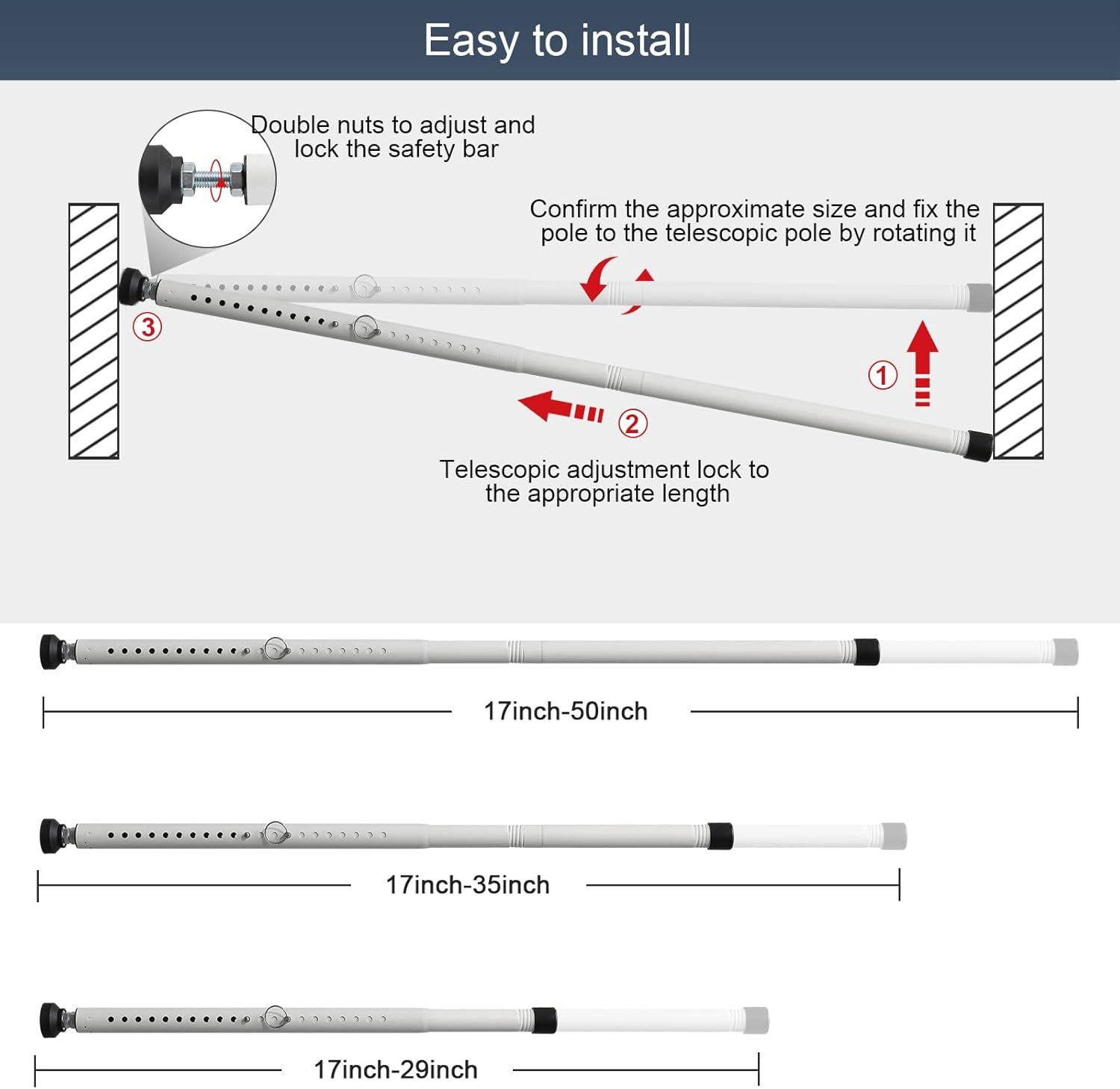 DIIG Sliding Door Security Bar，17.7-50.5Inch Adjustable Locking Window Safety Bar with Rubber Tips,Diameter 1Inch Window Security Bar for Home Apartment （White）