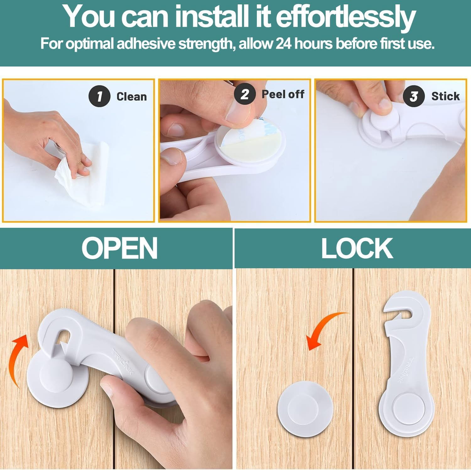 10 Pack Cabinet Locks for Babies, Uandhome Child Safety Locks Drawer Locks Baby Proofing Baby Cabinet Safety Latches Kitchen System with Strong Adhesive Tape image number 2