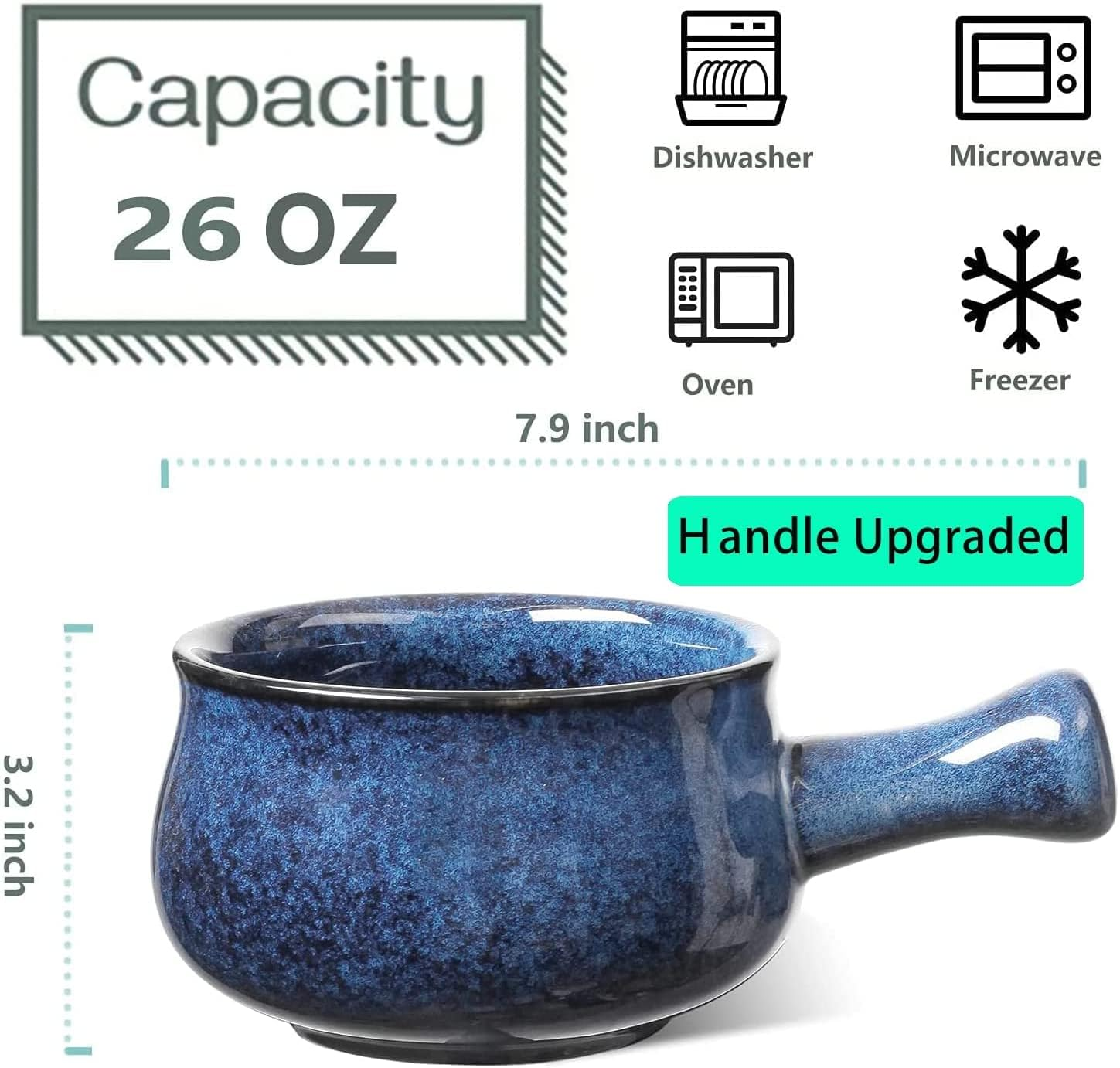 Vicrays French Onion Soup Bowls with Handles, 26 Ounce for Soup, Chili, Beef Stew, Chip Resistant, Dishwasher Microwave Safe, Set of 4 (Blue) - Blue image number 3