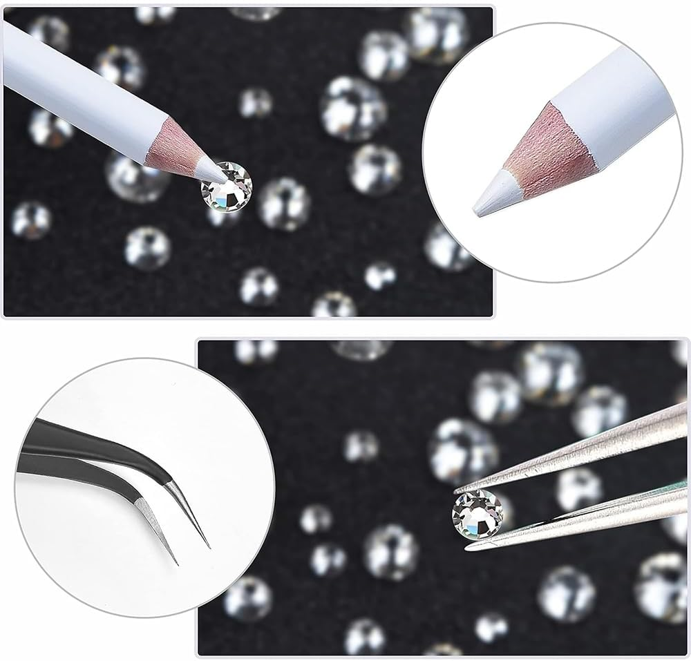 3Pcs Shiny Flatback Nail Rhinestones Gems,Multi-Shape round Beads for Nail Art, Includes Picker & Tweezers for DIY Manicure, Sparkling Nail Decorations for Professional Salon or Home Use,Black image number 4