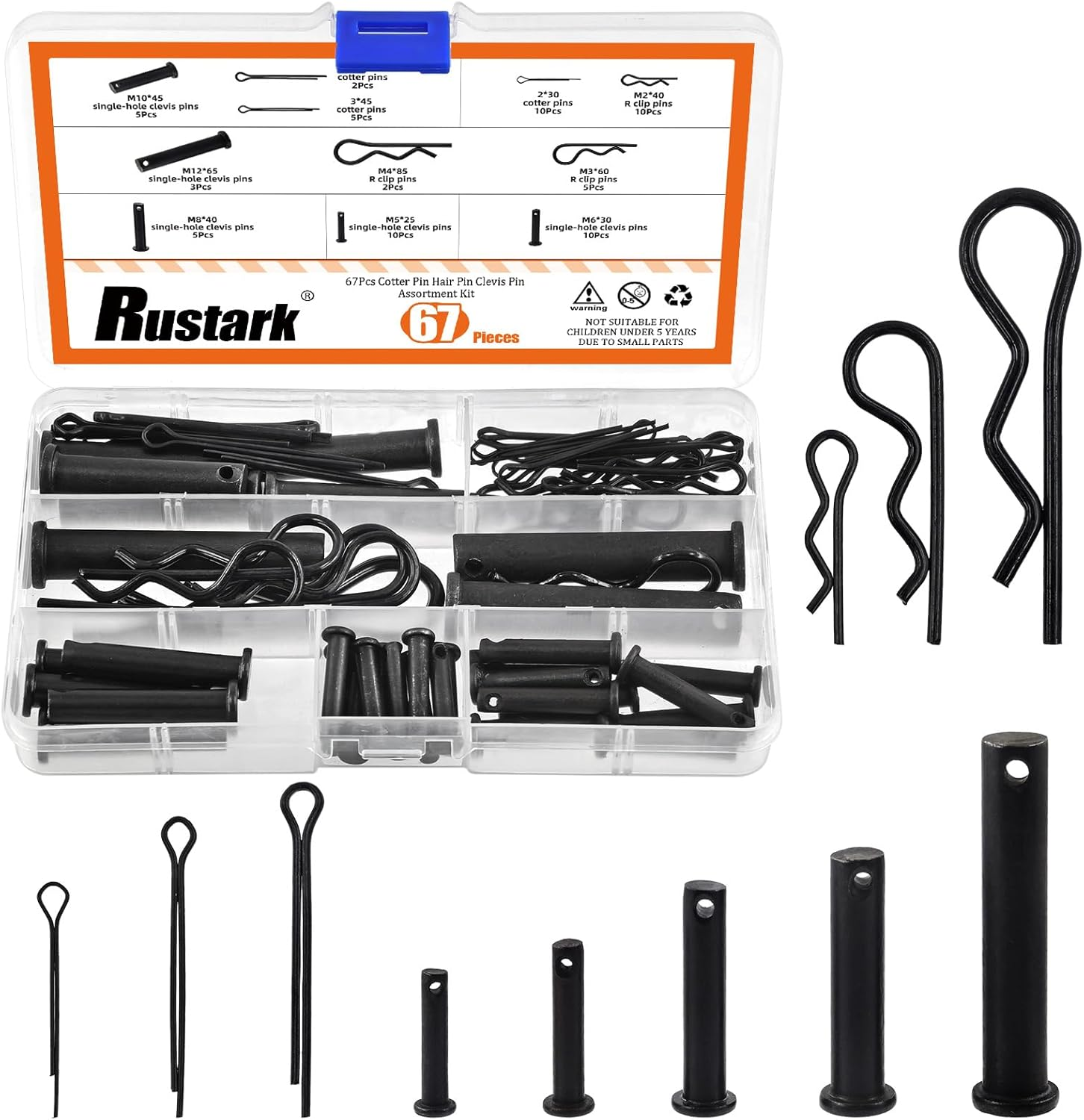 Rustark 100Pcs 16 Sizes M2 M3 M4 M5 M6 M8 M10 M12 Black Cotter Pin Hair Pin Clevis Pin Assortment Kit Zinc Plated R Clips Hair Pins Spring Pin Fasteners Hitch Pin Clips for Automotive Mechanics