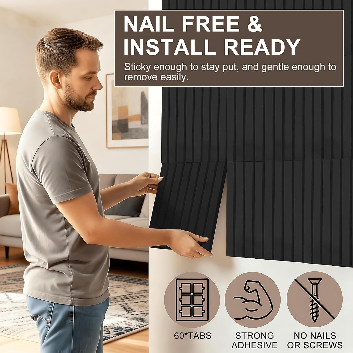 Large Cork Boards for Walls Alternative, 12 Pack with 60 Safe Removable Adhesive Tabs, 35 Pushpins, 120X90Cm Slat Wall Paneling for Walls Cork Board, Room Decor Home Office Classroom Pin Board (Black) - Black image number 4