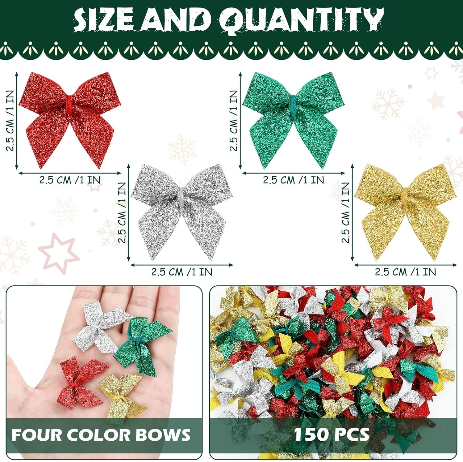 Syhood 150 Pcs Christmas Mini Bow Tiny Twist Tie Handmade Craft Ribbon Hair Small Holiday Bow Craft Supply for DIY Sewing Party Decor(Classic Color, Glitter)