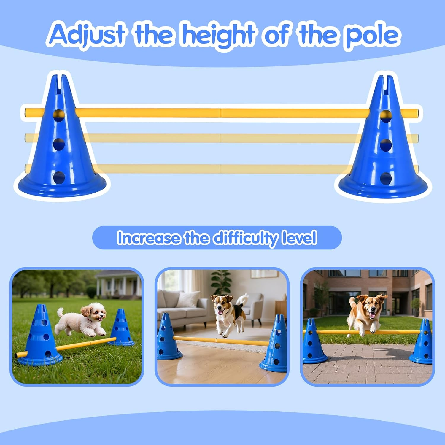 Advwin Dog Agility Hurdle Cone Set, Adjustable Dog Agility Course Backyard Set Include 12 Agility Cones 6 Agility Rods, Training Equipment Obstacle Training for Pet Outdoor Games with Carry Bag