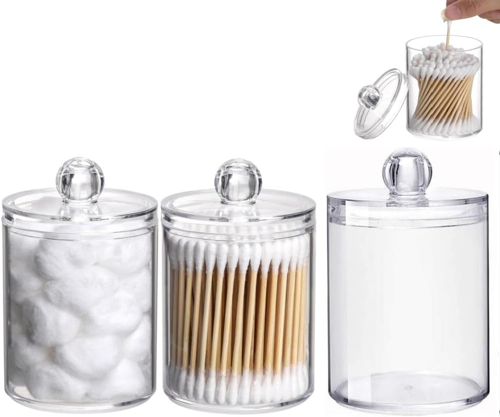 3Pcs Clear Jar Organizer,Cotton Swab, Cotton round Pads, Floss Picks - 10 Oz Clear Plastic Apothecary Jar Set for Bathroom Canister Storage Organization, Vanity Makeup Organizer image number 1