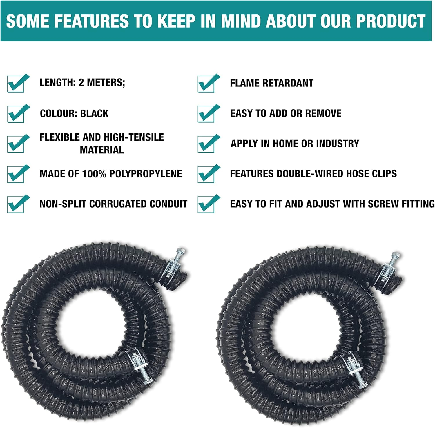 Corrugated Flexible Hose Pond Pipe 25Mm / 1"&ndash; 2-Meter with Advanced Double-Wired Hose Clips for Pond Pumps, Filters, Drainage &ndash; Corrugated Water Butt Connector Pipe - Black. Set by MYPURECORE image number 2