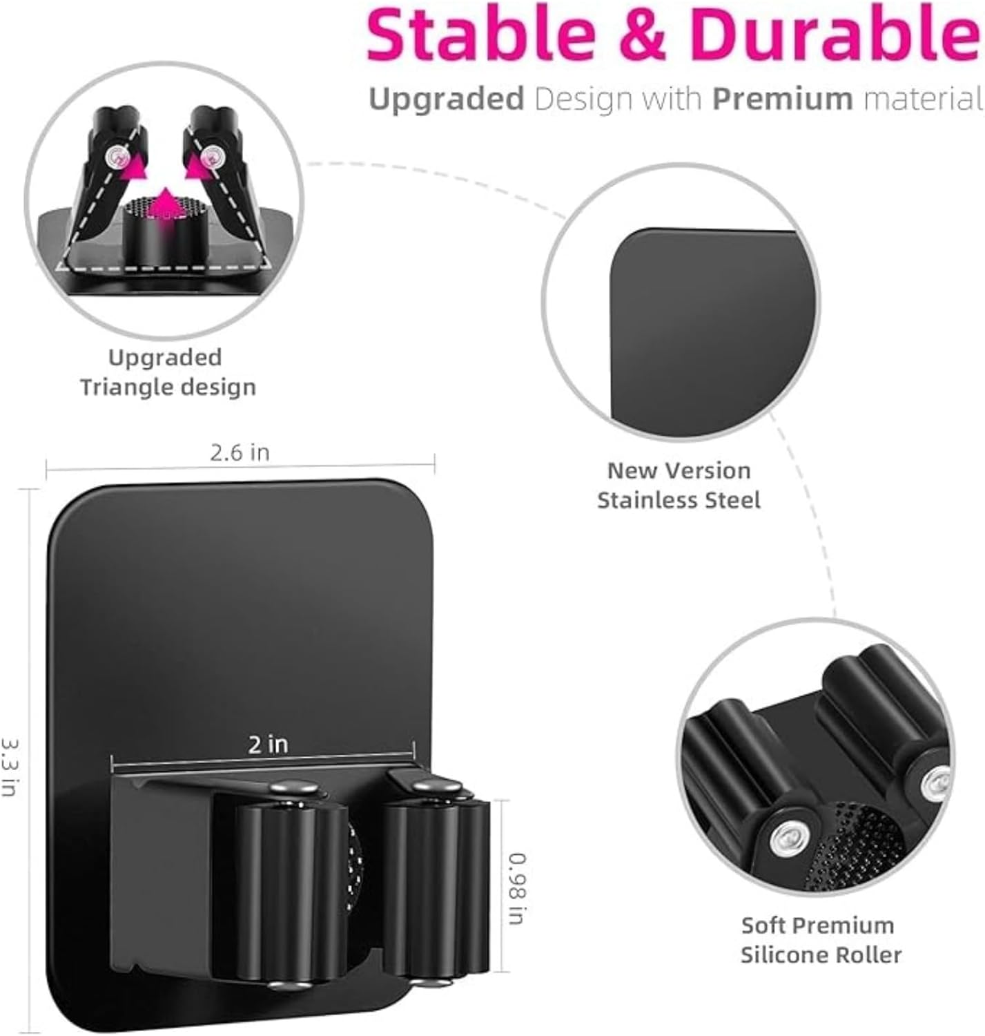 AUDWUD 4PCS Broom Holder Wall Mount，Space-Saving, Stainless Steel, Black,Anti-Slip Mop Holder Wall Mount, Self Adhesive Broom Organizer Hanger Gripper for Bathroom, Kitchen, Laundry Room Storage