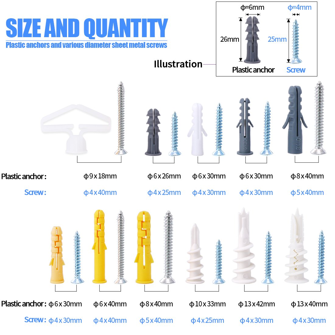 Glarks 212Pcs Phillips Flat Head Self Tapping Screws and Ribbed Anchors Assortment Screws Kit image number 5