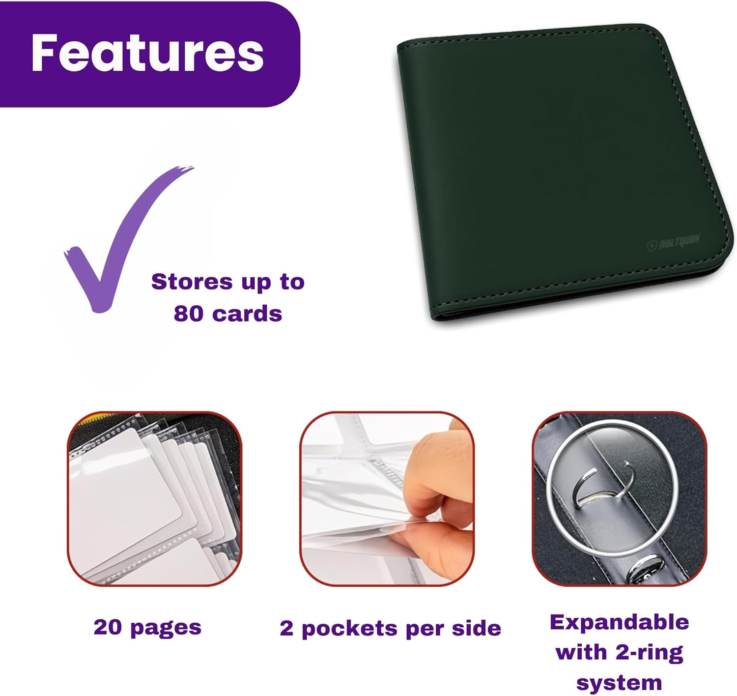 Tarot Card Binder PU Leather &ndash; Holds 80 Cards, Zippered Storage Case for Tarot & Oracle Cards &ndash; Portable Album with Expandable Sleeves, Double-Sided Sheets (Green) - Purple image number 5