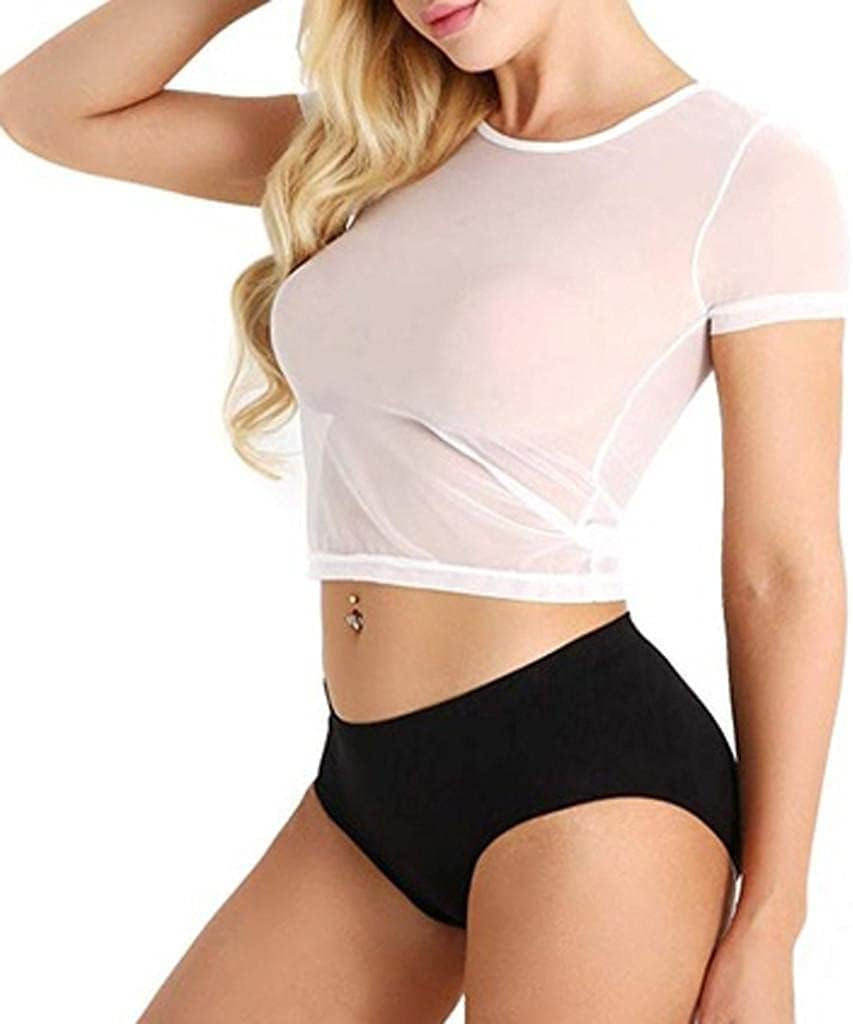 Women'S Sheer Lace Lingerie Mesh Short Sleeve Crop Tops Sexy T Shirt See through Sleepwear Casual Comfort Underwear image number 3