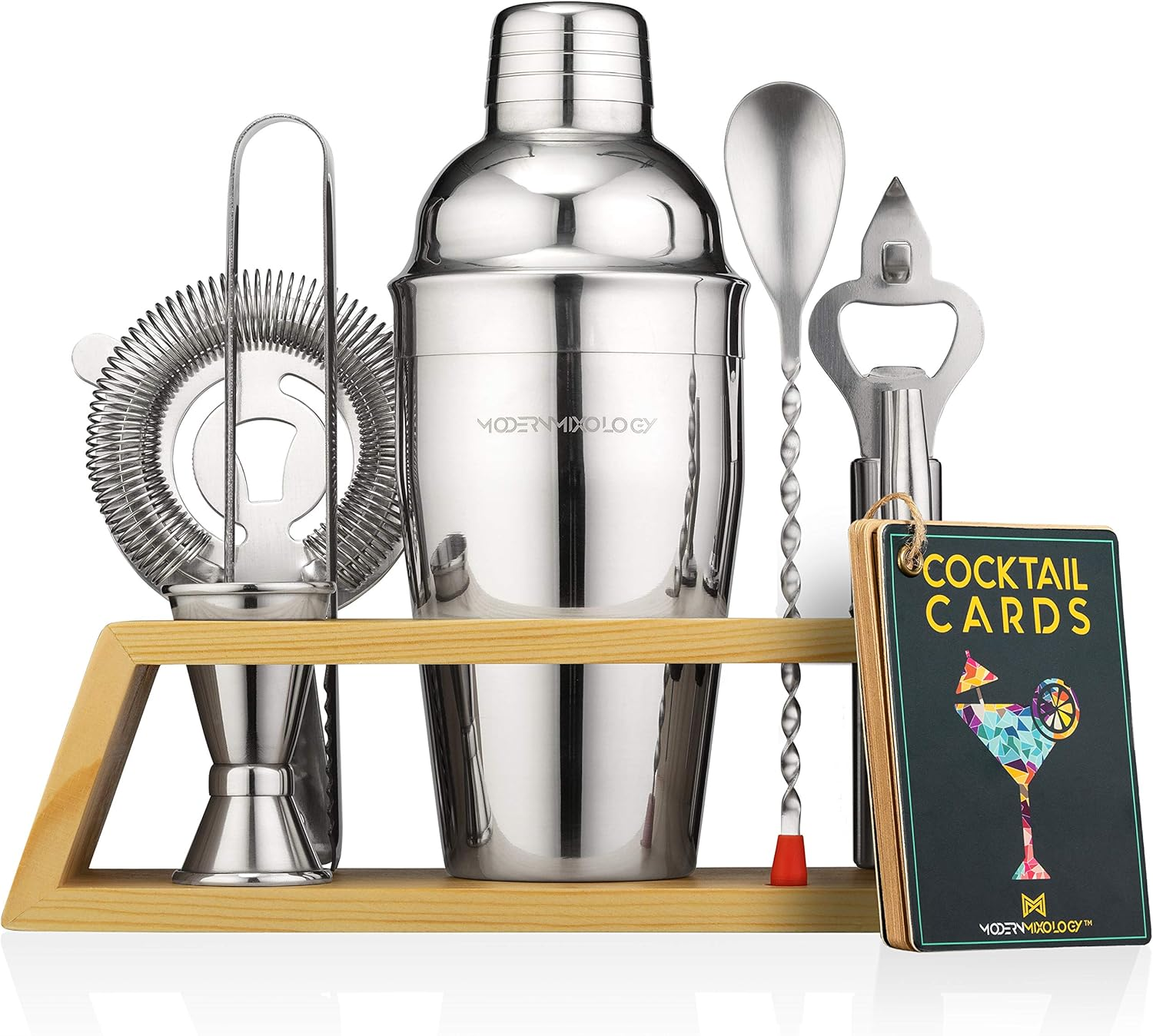 Mixology & Craft Cocktail Shaker Set - Bartender Kit W/Bamboo Stand - Bar Set Includes Martini Shaker, Jigger, Strainer, Tongs, Bar Mixer Spoon, Bottle Opener - Drink Mixing Bar Tools image number 4