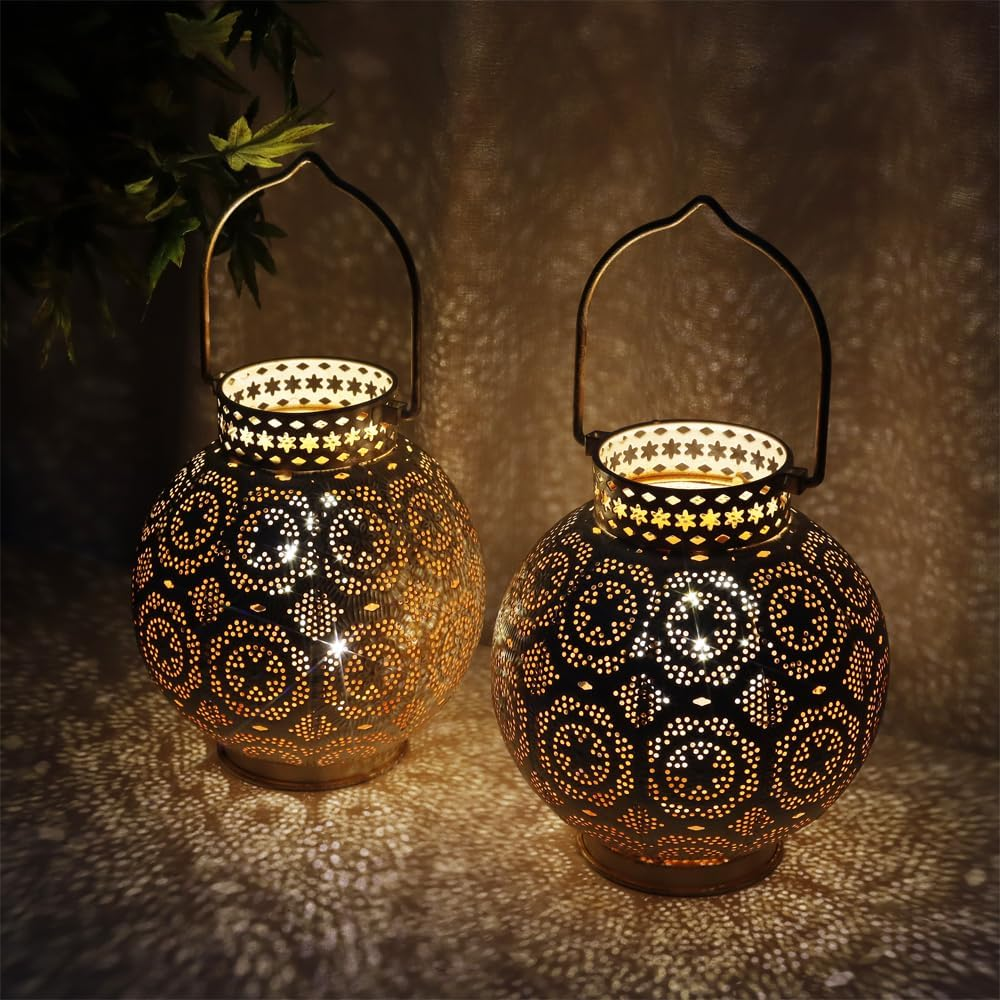 TRIROCKS Set of 2 Moroccan Decorative Lamps 7'' High Battery Powered Cordless Lamp Metal Table Lamps with Fairy Lights Bulb for Home Living Room Garden Yard Party Events Tabletop Indoor Outdoor(Brown) image number 3