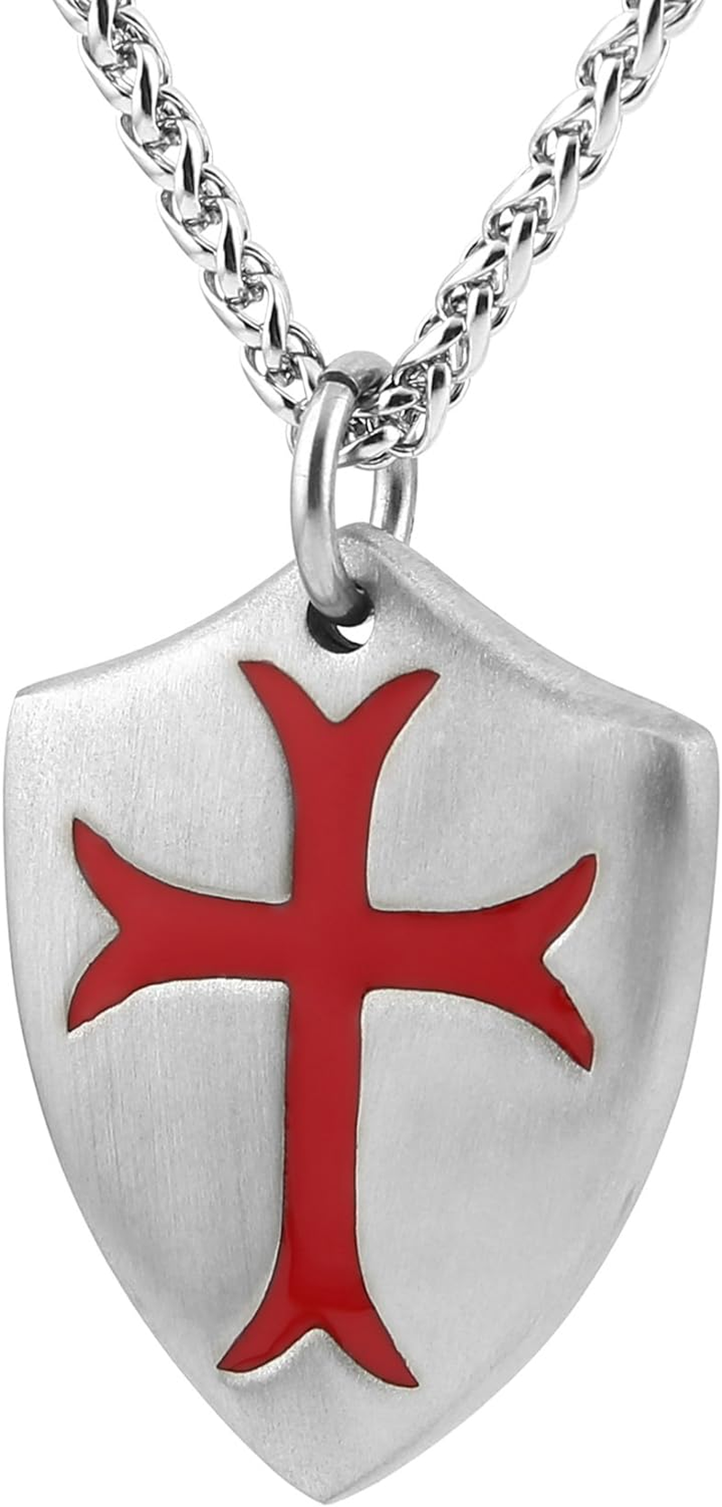 HZMAN Stainless Steel Knights Templar Cross Necklace Joshua 1:9 Shield Pendant with 22+2Inches Chain
