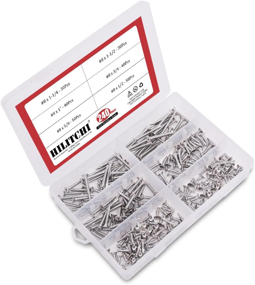 Hilitchi 410 Stainless Steel Flat Head Phillips Self Drilling Screws Sheet Metal Tek Screws Assortment Kit, Modified Truss Head Self Driller - Size: #8 X 1/2" ~ #8 X 1-1/2" (Pack of 240) image number 2