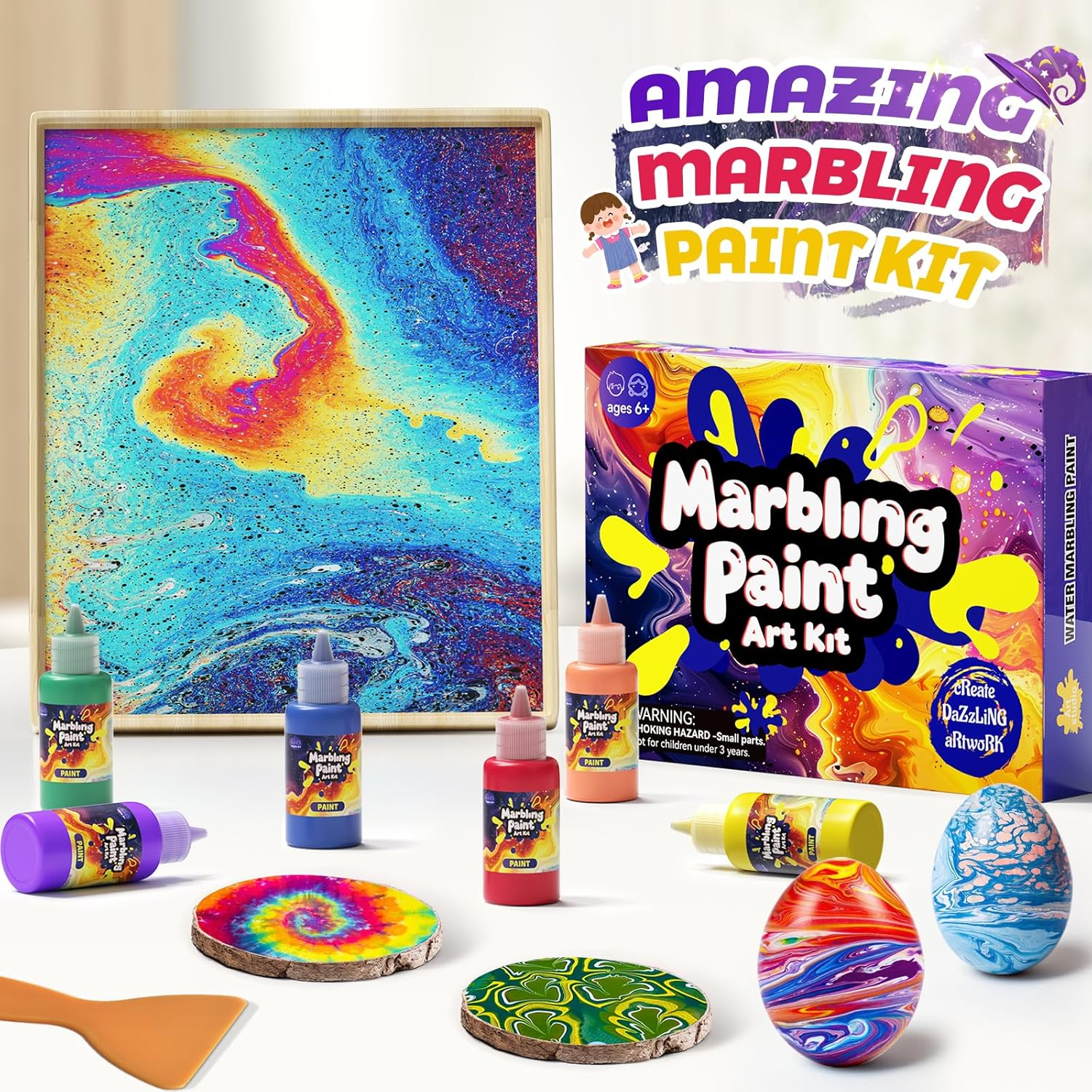 Wukon Water Marbling Paint Kit - Arts and Crafts for Kids, Water Marbling Paint Birthday Gifts Ideas for Girls & Boys Ages 8-13 5-7 3-6, Marbling Ink Art Supplies Crafts Toys Kits for 3+Years Old image number 2