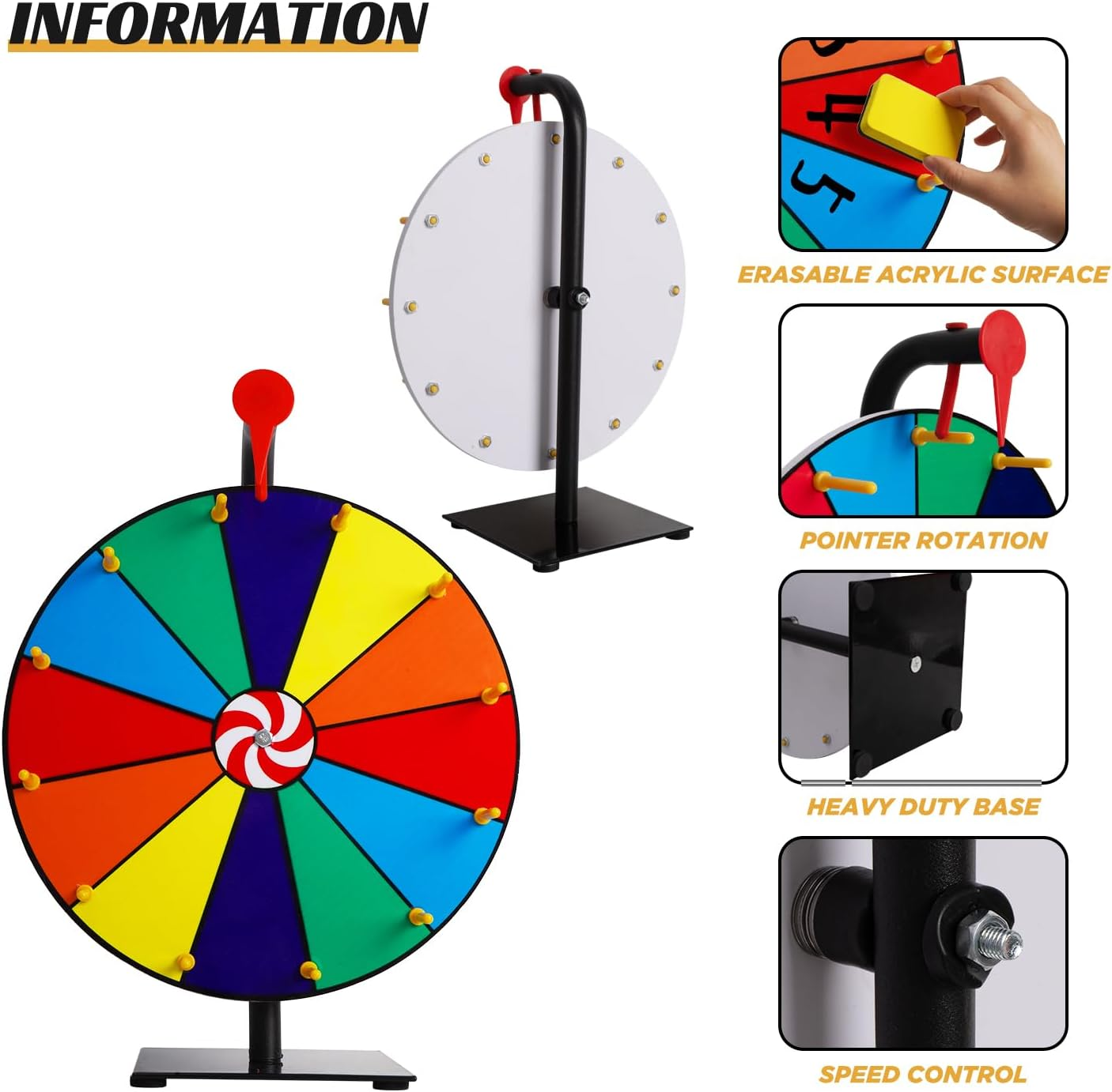 Lehom 12" Tabletop Spinning Prize Wheel, 12 Slots Color Tabletop Roulette Spinner Wheel, Casino Prize Wheels with Dry Erase Markers and Eraser for Carnival Trade Show Party Fortune Spin Game image number 5