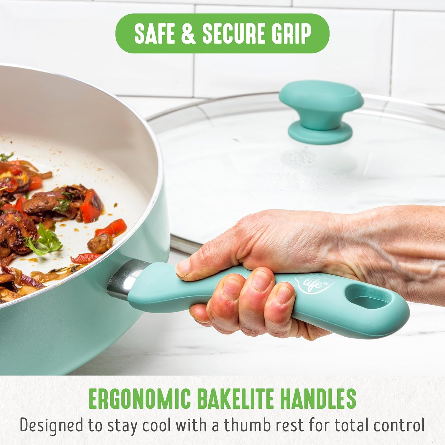 Greenlife Soft Grip Diamond Healthy Ceramic Nonstick, 5QT Saute Pan Jumbo Cooker with Helper Handle and Lid, Pfas-Free, Dishwasher Safe, Turquoise