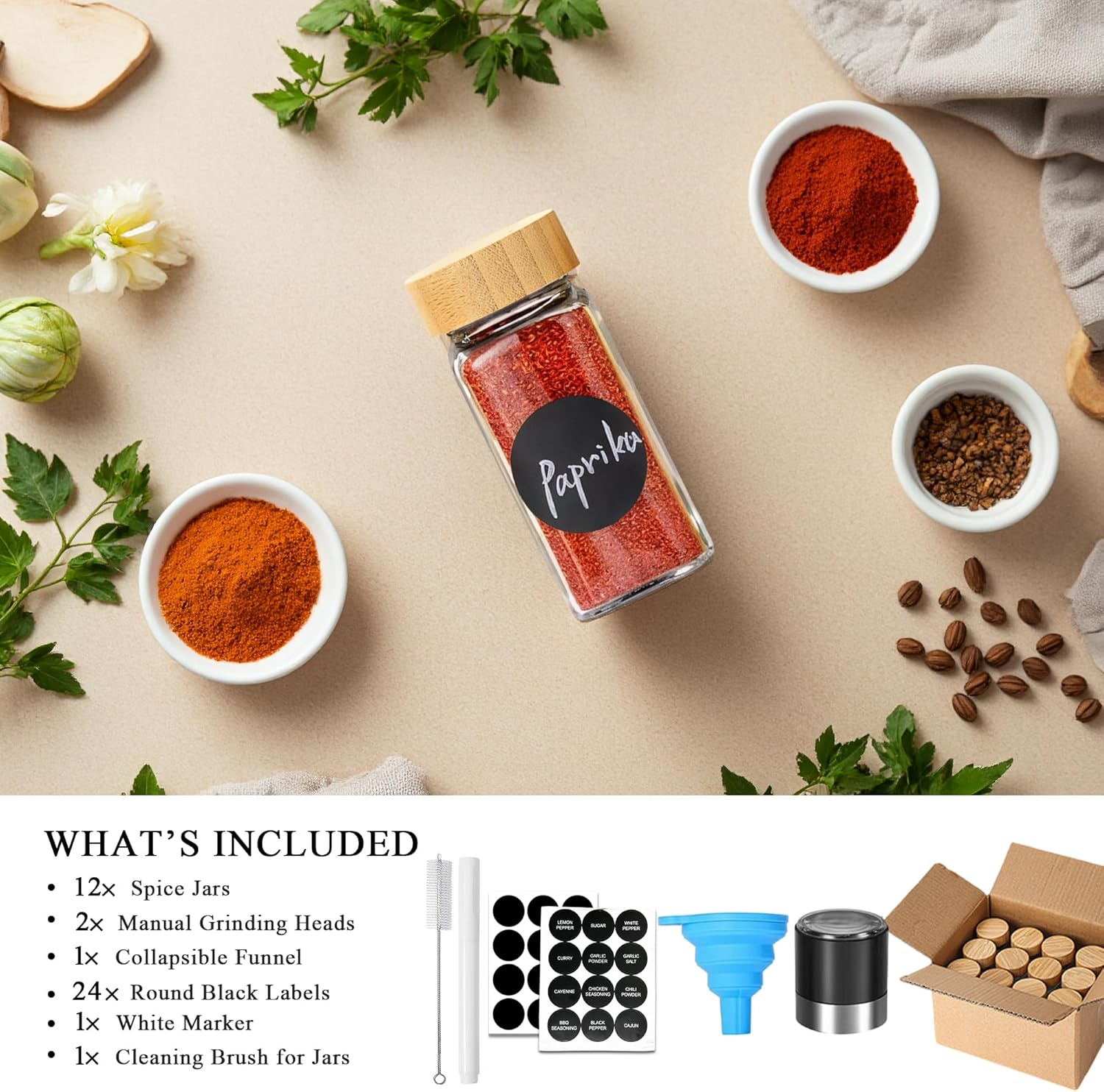 LIKHOPER Spice Jars Set of 12 &ndash; 120Ml Square Glass Bottles with Bamboo Lids, 2 Manual Grinder Tops, Kitchen Spice Storage Containers image number 4