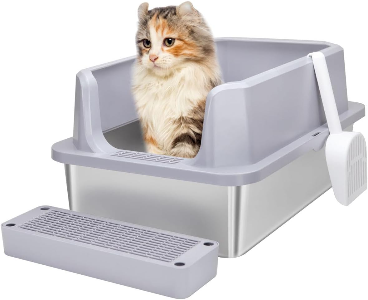 RIZZARI Stainless Steel Cat Litter Box, Semi-Enclosed Litter Box with Raised Edges, Anti-Leakage & Odorless, Large Litter Box for Small to Large Sized Cats (White)