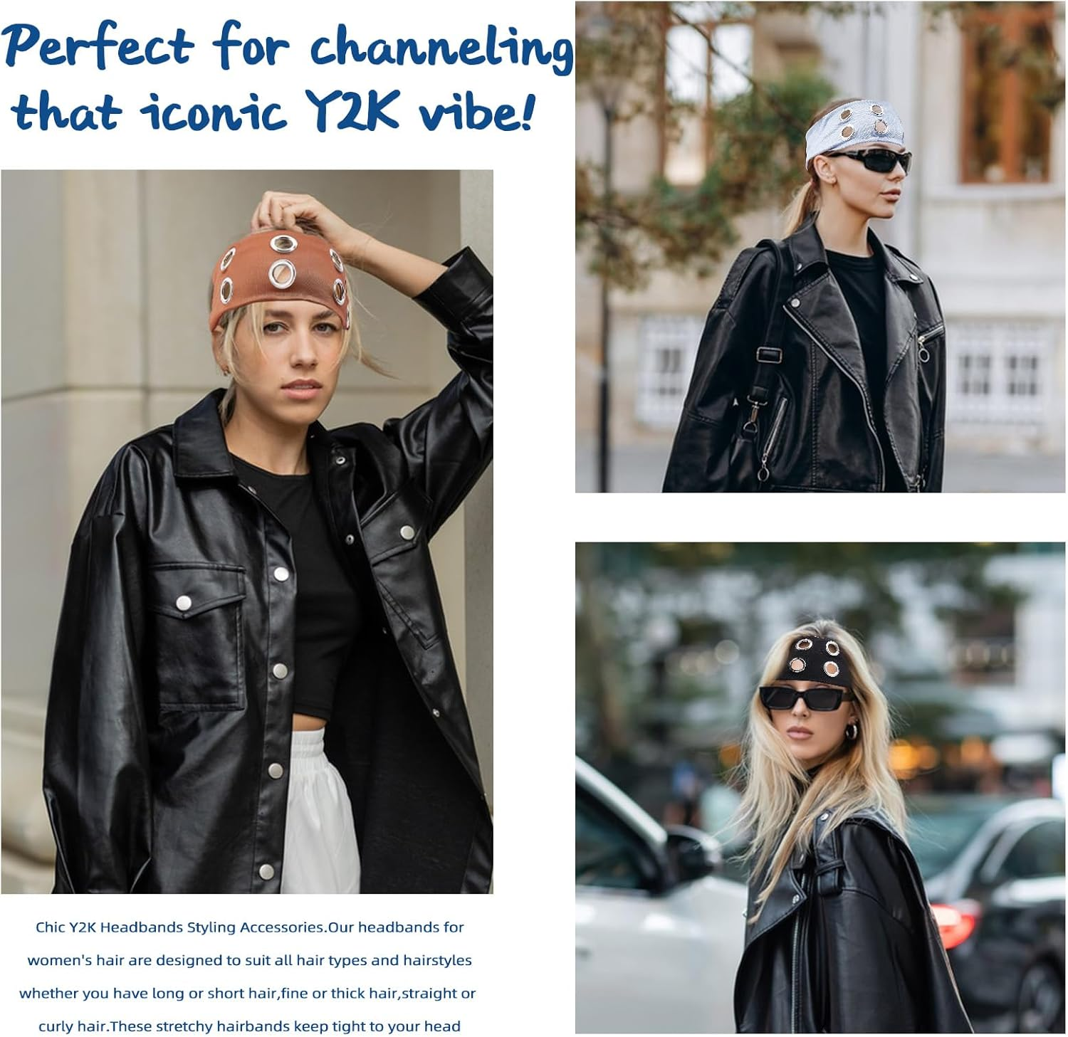 NICENEEDED 3 Pieces Fashionable Wide Headbands with Eyelets for Women Elastic Headbands with Hollowed Eyelets Punk Grunge Stretchy Headband (Black Coffee Light Grey) image number 4