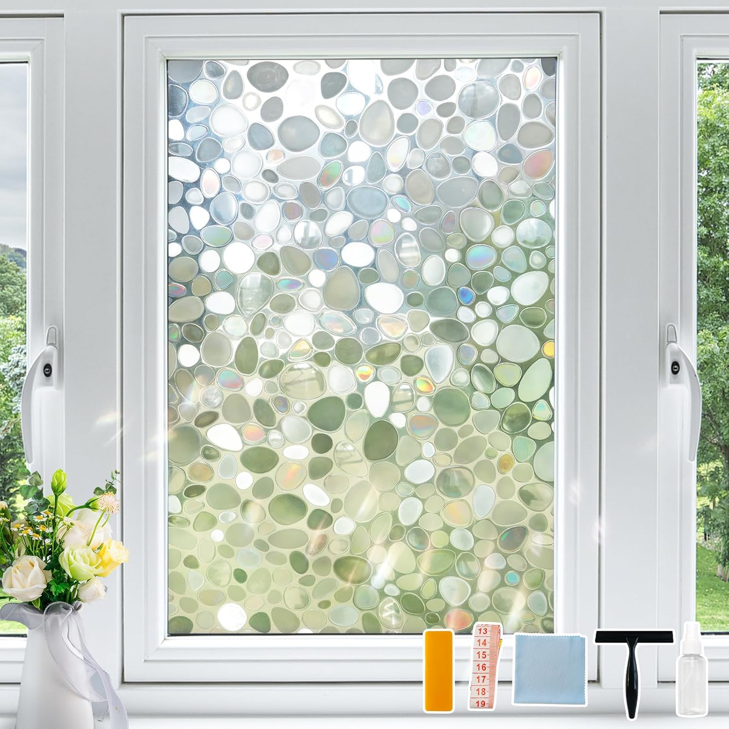 KAFUTER Rainbow Window Privacy Film Decorative, Stained Glass Window Tint for Home, 3D Decals Window Clings for Glass Windows, Static Cling Window Stickers Suncatcher Cover(Rainbow, 90X200Cm)