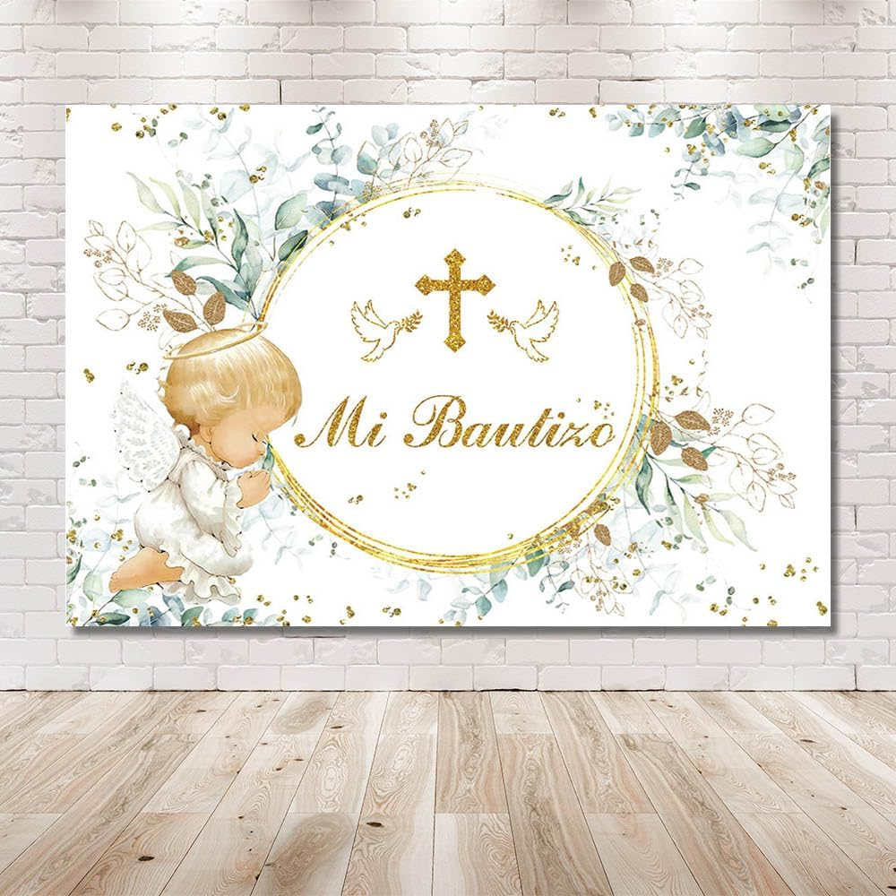 MEHOFOND 2.1 X 1.5 M Children'S Christening Background Angel Baby My Communion Cross Photography Background Dove Communion Church Christening Party Decoration Banner Studio Supplies image number 2