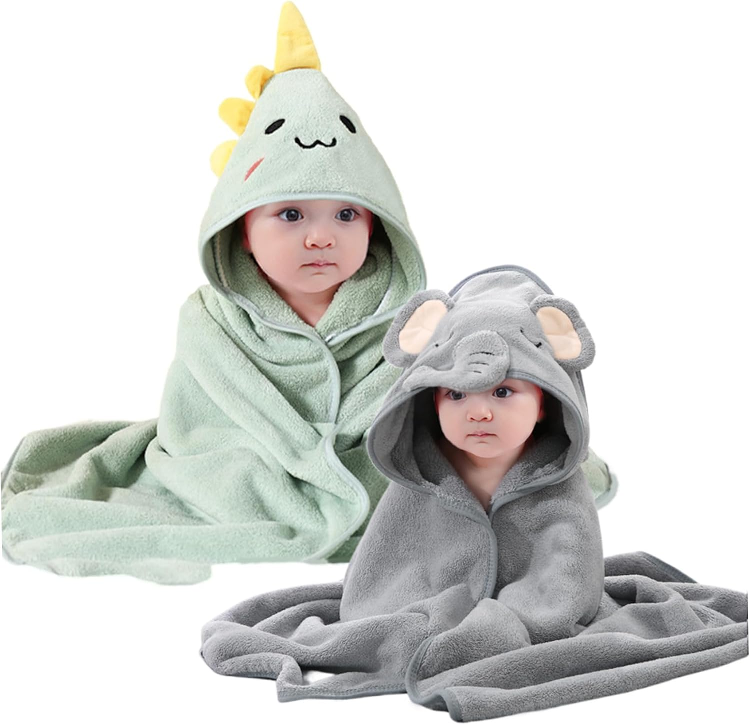 Baby Hooded Towels 2Pcs 32X32'' Soft & Absorbent Kids Bath Towel with Cute Dinosaur Design - Swimming Bathrobe Gifts for Boys Girls Toddlers image number 2