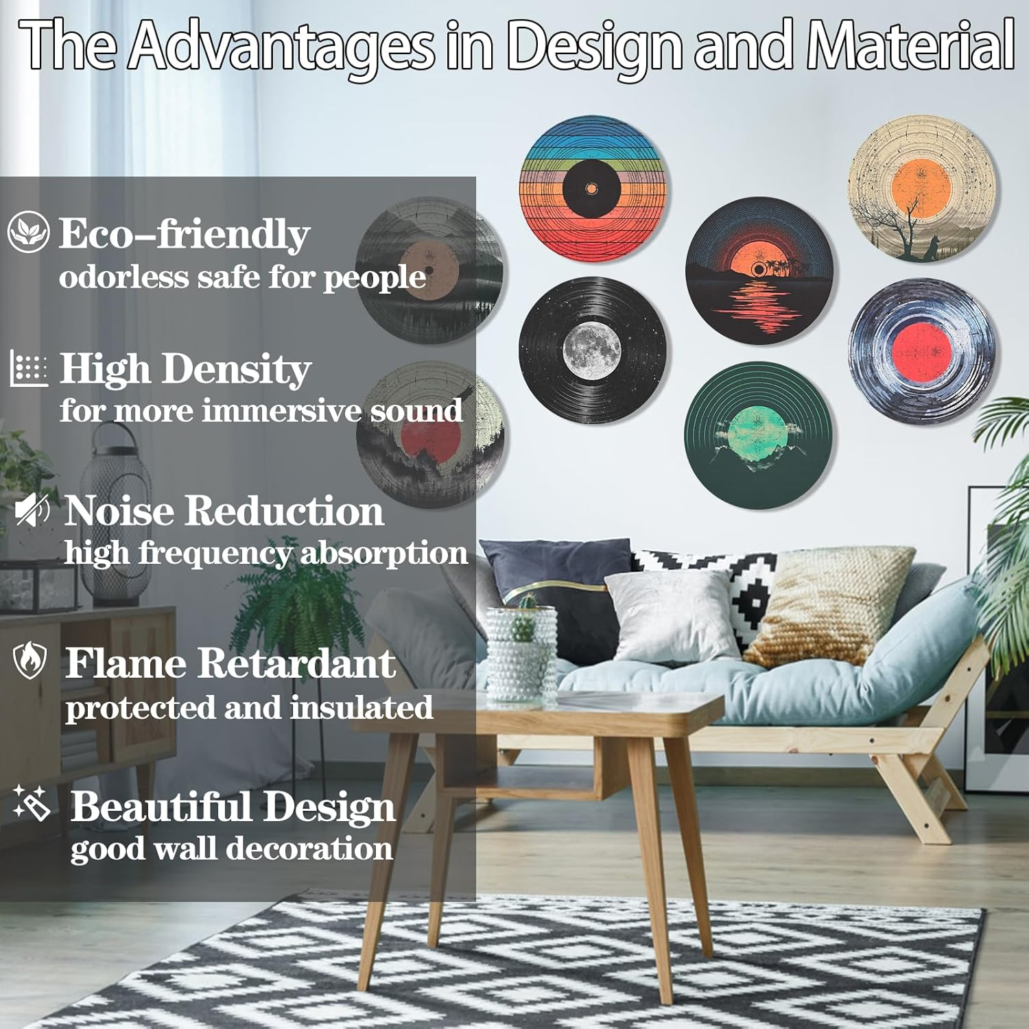 Atawlege 8 Pack Art Acoustic Panels, 14"X14"X0.4" round Self-Adhesive Soundproof Wall Panels, Unique Retro Record Decor Sound Absorbing Panels for Studio Home Office image number 6