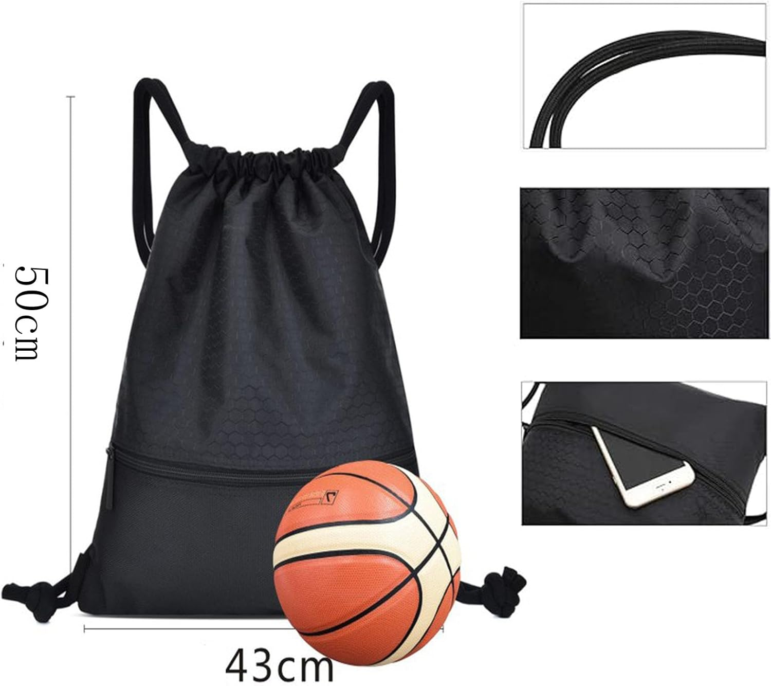 Drawstring Backpack,Gym Backpack,Basketball Bag Water Resistant Zip Pocket,Durable Nylon Sports Bag with Zipper Pockets, Large Capacity for Basketball, Swimming & Travel image number 2