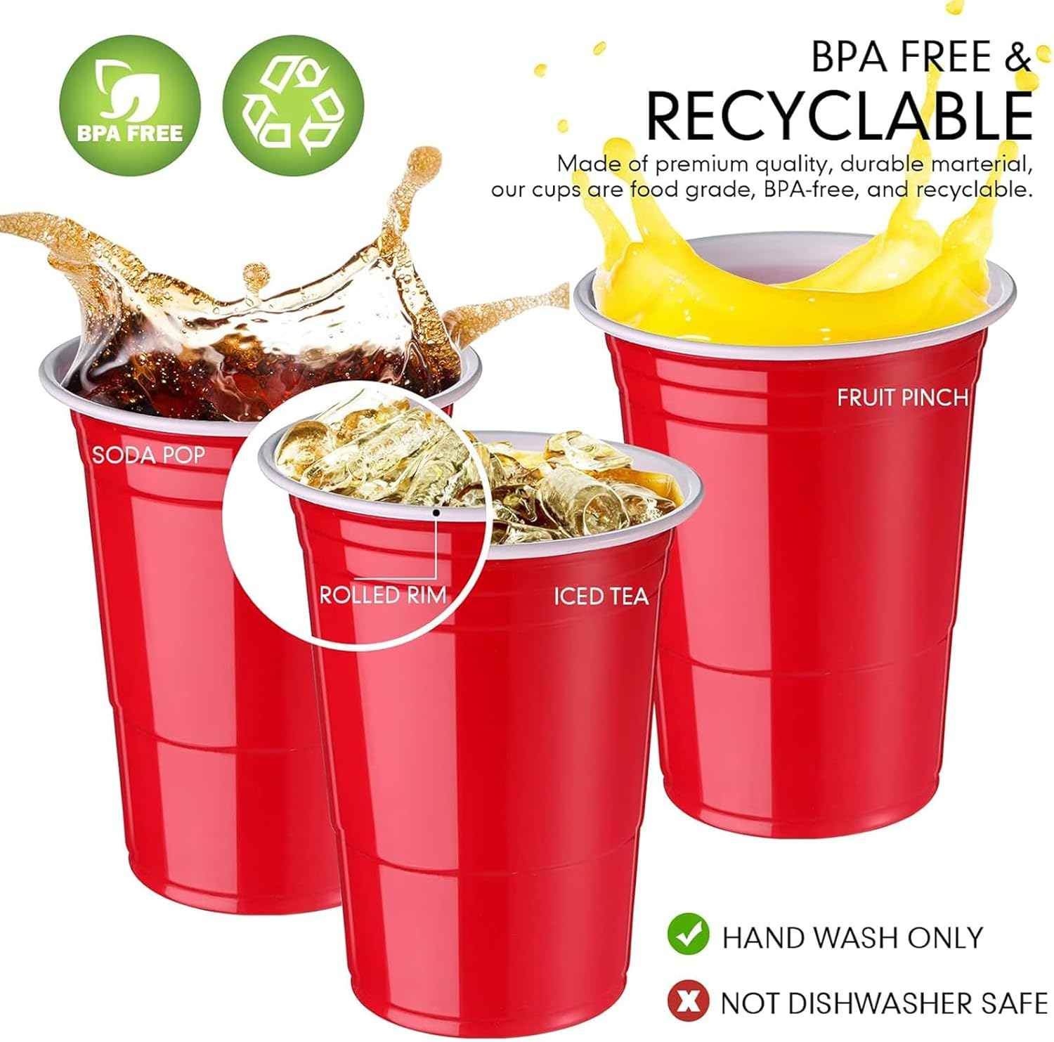16Oz Red Plastic Party Cups: 100 Pack Reusable Blank Plastic Cups Food-Grade Party Cold Drink Cups Red Cups for Parties, Weddings, Events or DIY Projects,Durable,Resistant,Bpa Free, Recyclable image number 2
