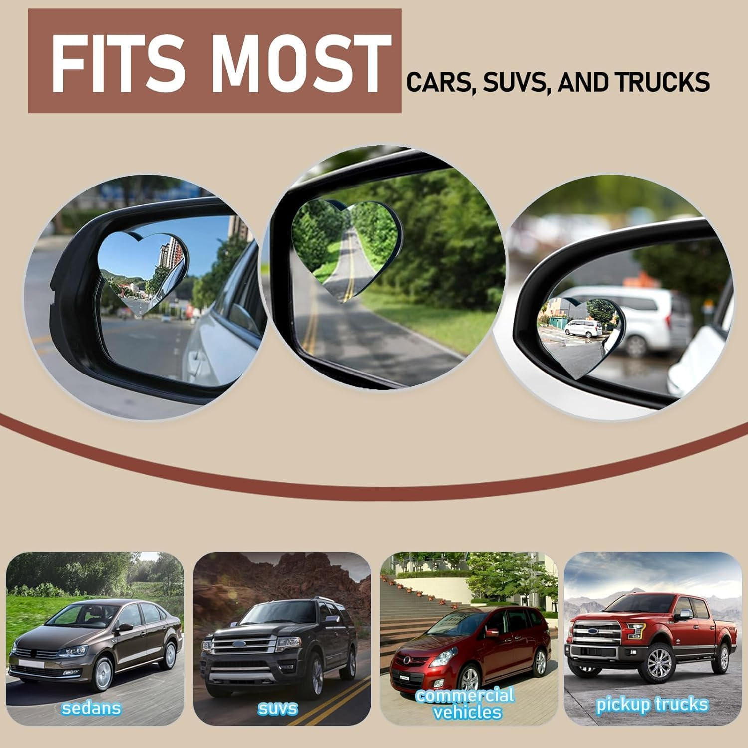 2 Pack Heart Blind Spot Mirrors, Wide Angle Convex Rearview Side Mirrors, Cute Frameless Stick-On Car Accessories for Women, Suvs, and Trucks image number 2