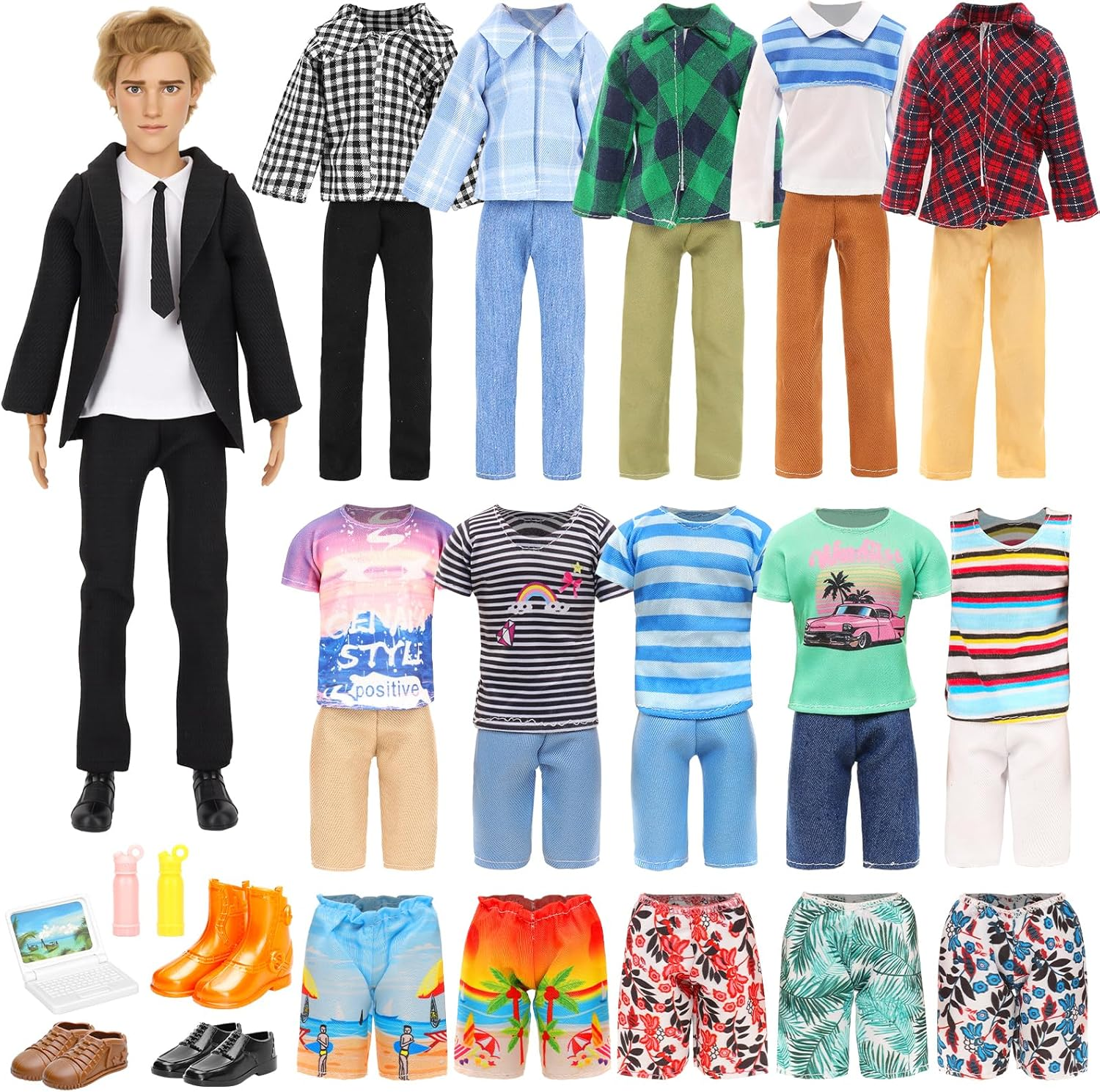 Barwa Lot 16 Items Clothes for 12 Inch Boy Doll EU CE-EN71 Certified Include 4 Sets Casual Wear Clothes + 5 Pants + 3 PCS Shoes Laptop Water Bottles image number 1