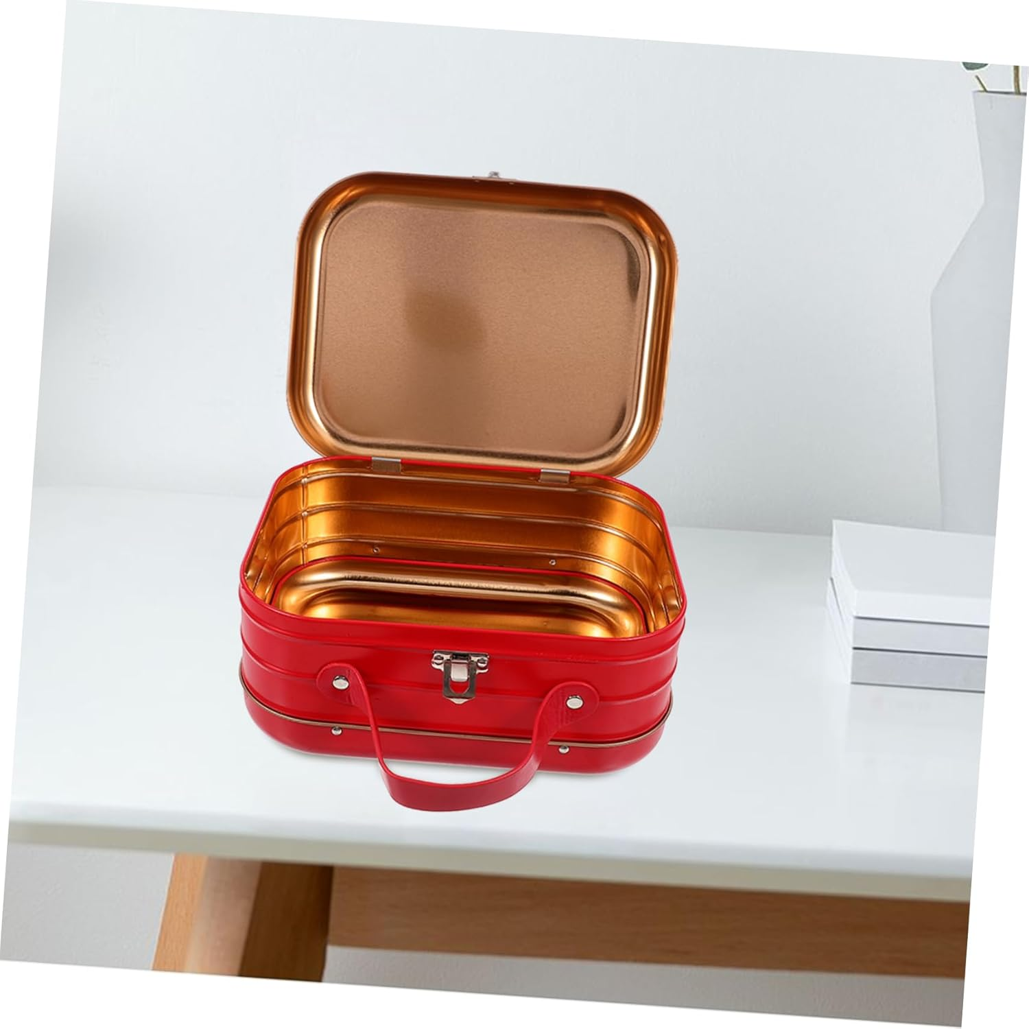 Portable Tinplate Suitcase Box Keepsake Jewelry Travel Box Small Storage Container Handle image number 3