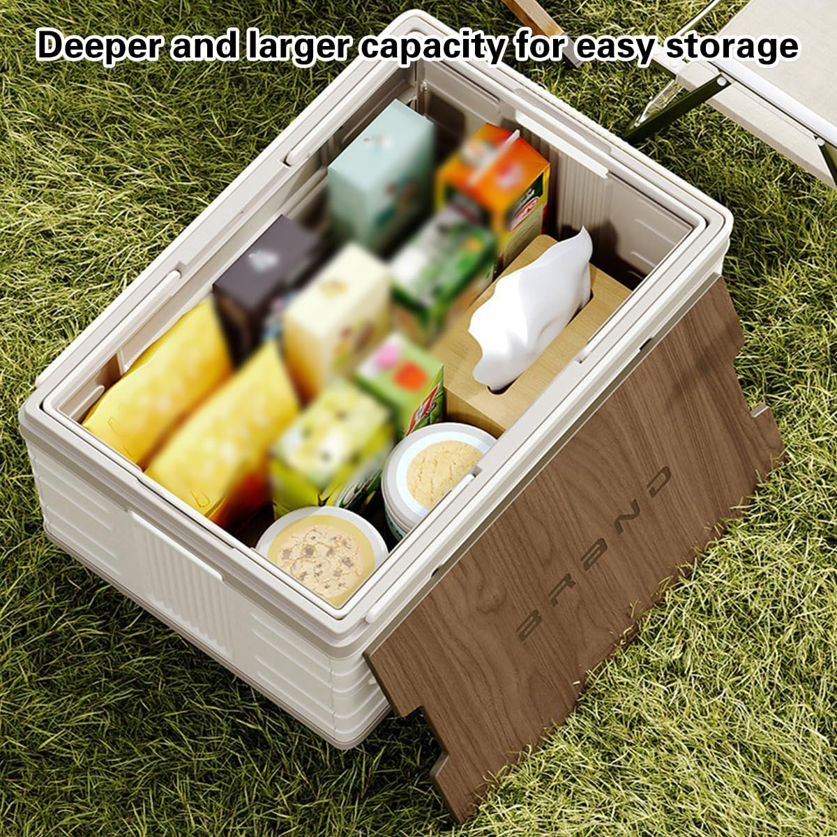AIMALL Outdoor Folding Storage Box with Wooden Lid 20.4X13.9X13.9In Large Capacity Car Trunk Camping Clothes Organiser with Handles for Travel Garage Home Use - Latch Switch Cover image number 2