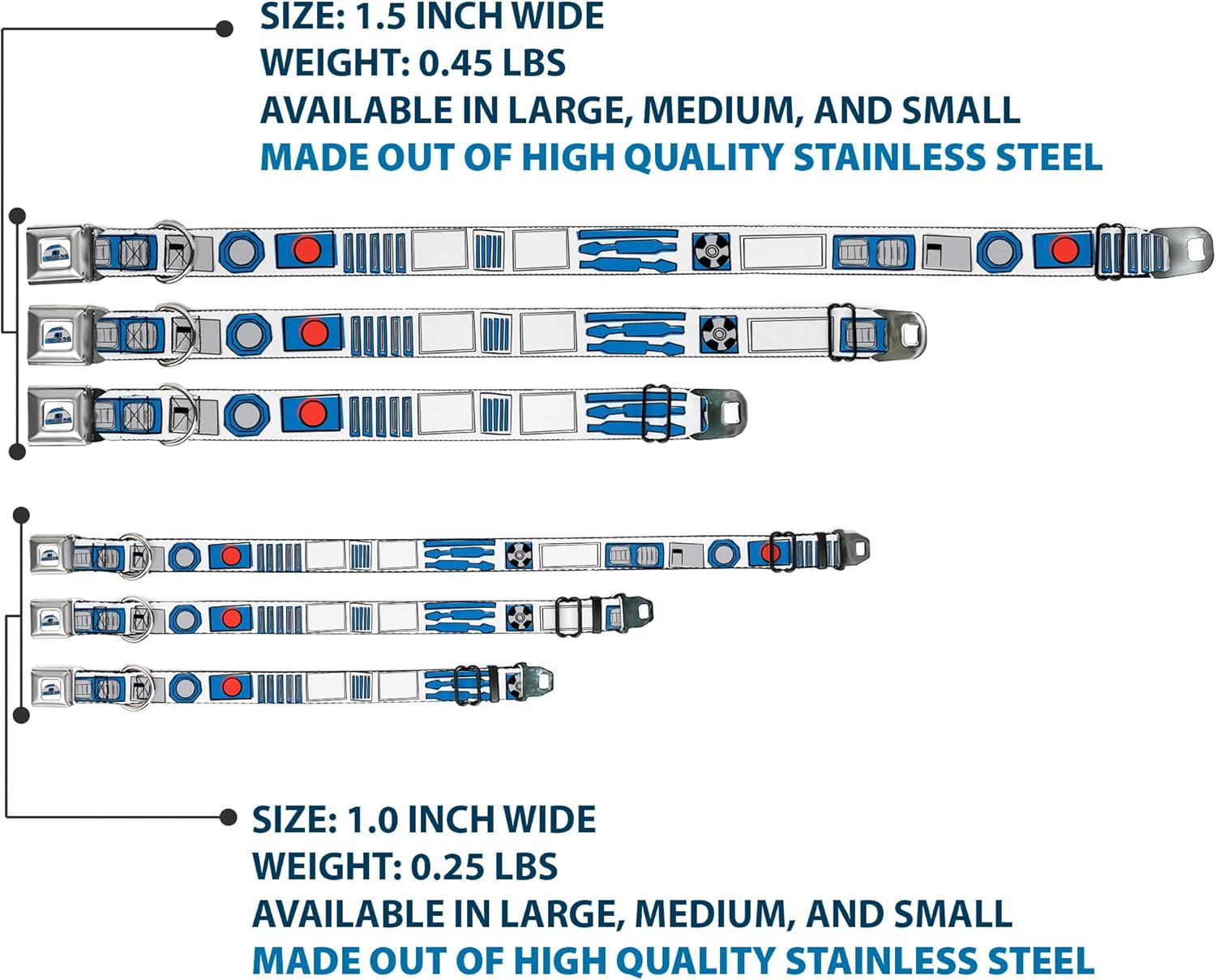 Dog Collar Seatbelt Buckle Star Wars R2D2 Bounding Parts White Black Blue Gray Red 15 to 26 Inches 1.0 Inch Wide image number 5