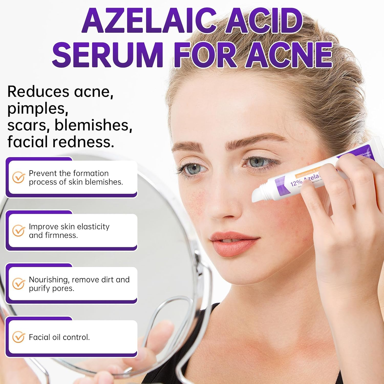 Azelaic Acid 12% Acne Cream,Azelaic Acid Serum with Niacinamide & Vitamin C Reduces Redness,Acne,Soothes Irritation,Azelaic Acid for Facial Exfoliation, Blackheads & Scars, 20G image number 3