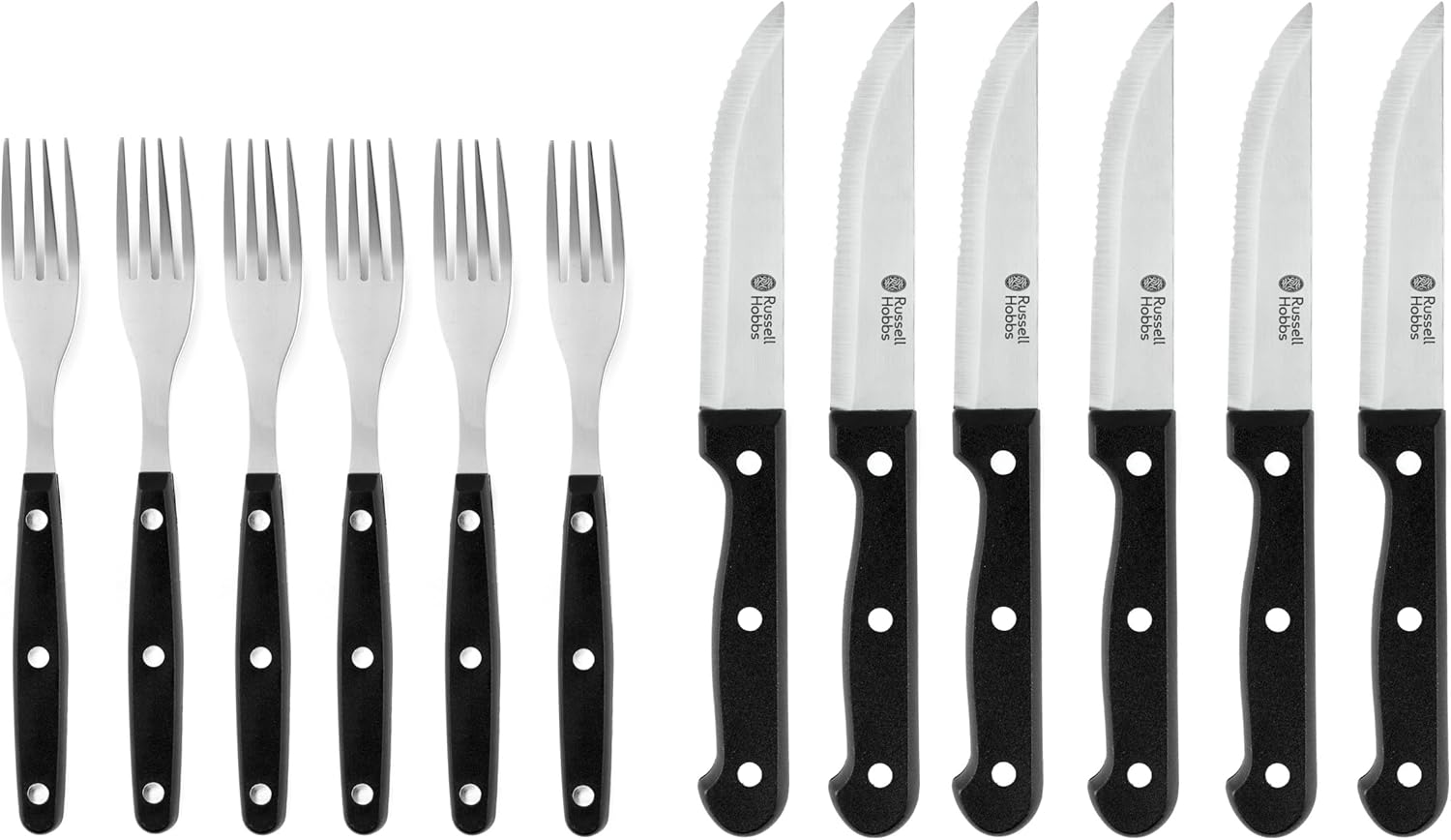 Russell Hobbs RH000431EU 12-Piece Steak Knife Set with Fork, Steak Cutlery Set for 6 People, Stainless Steel, 6 Traditional Steak Knives, 6 Steak Forks, Knife and Fork, Pizza Piece