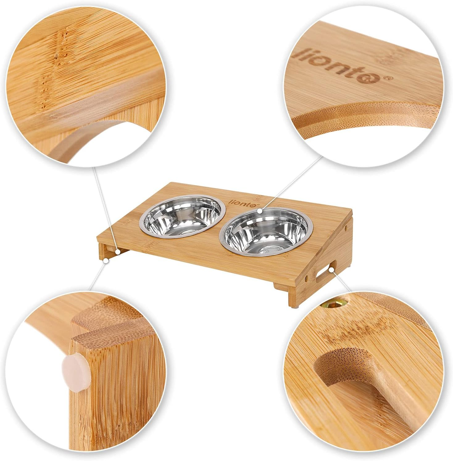 Lionto Raised Dog Bowl Feeding Station for Dogs and Cats Bamboo 2 Bowls Stainless Steel Double Bowl image number 3