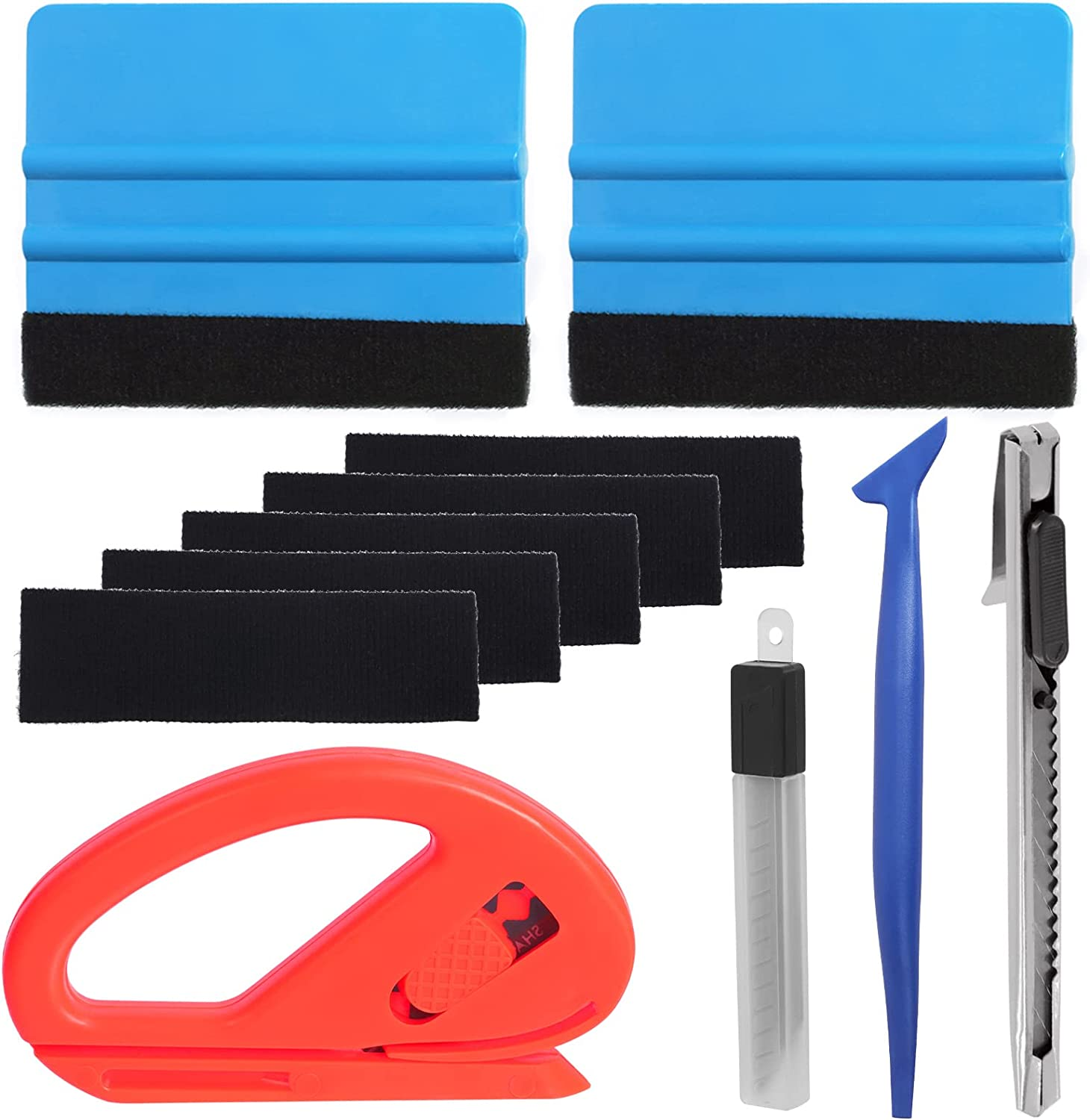 Swpeet 20Pcs Vehicle Vinyl Wrap Window Tint Film Tool Kit, Including Felt Edge Squeegee, Spare Felt Replacement, Wrapping Paper Cutter, Soft Mini Blue Edge Trimming Squeegee Tool, Utility Knife