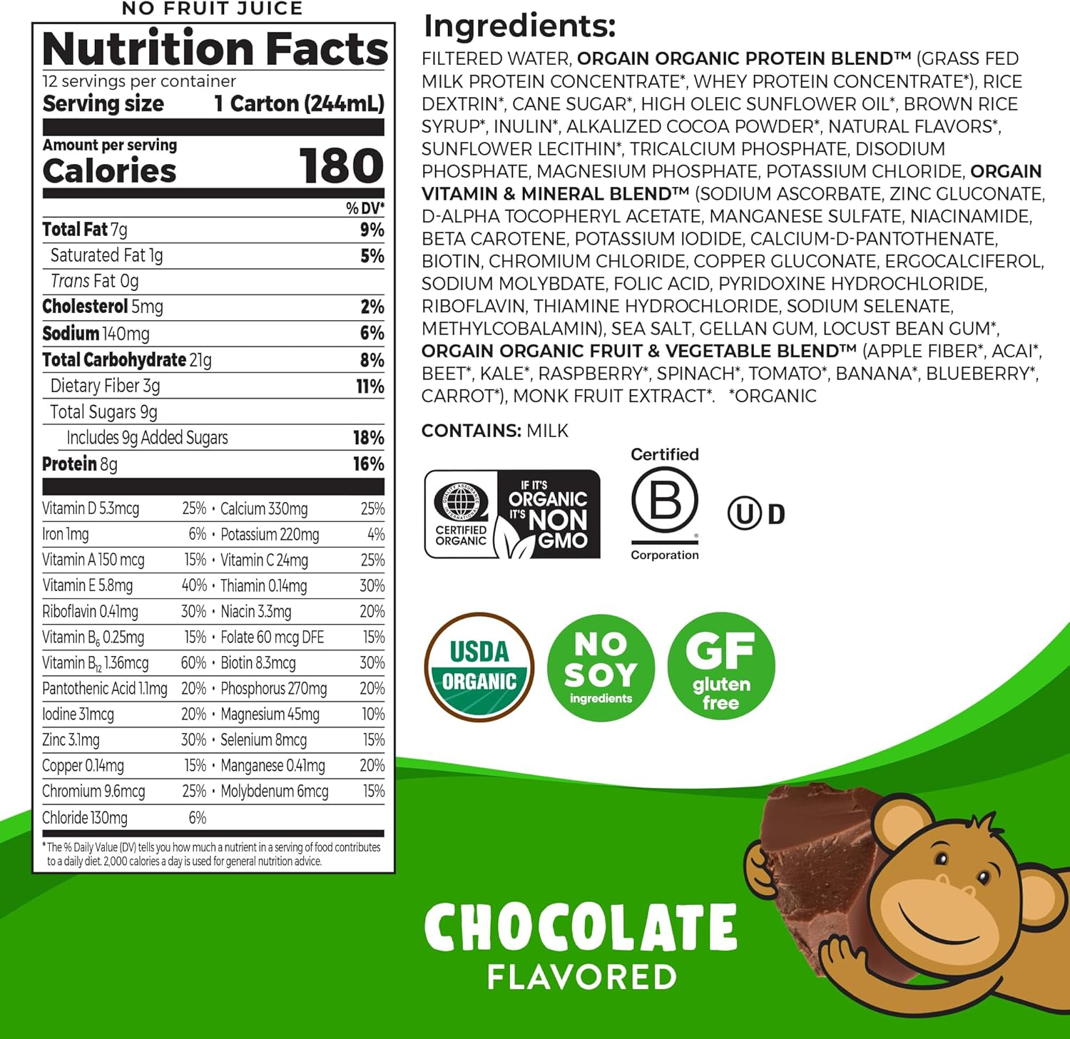 Orgain Organic Kids Nutritional Protein Shake, Chocolate, Healthy Kids Snacks, 8G Dairy Protein, 3G Fiber, 22 Vitamins & Minerals, No Soy Ingredients, Gluten Free, Non-Gmo, 8.25 Fl Oz (Pack of 12) image number 5
