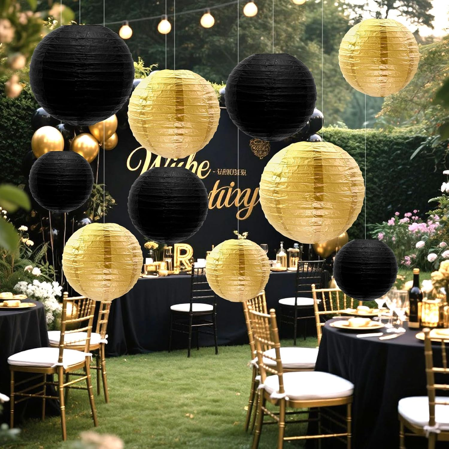 Dcsfadq Pack of 10 Black Gold Paper Lanterns Set Hanging Lantern Reusable Lanterns Decoration (10 Cm/15 Cm/20 Cm/25 Cm) Party Decoration Paper Lantern for Weddings, Garden Parties, Bride to Be image number 1
