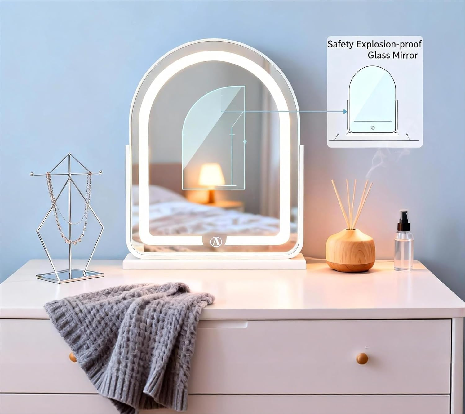 GDJIAYIYI Arched LED Vanity Mirror,Makeup Mirror with Lights,Tabletop Makeup Mirror,Touch Switch Adjustable Brightness, 360&deg; Rotation, 3-Color Light Countertop Vanity Mirror (White,44 * 32Cm) image number 3