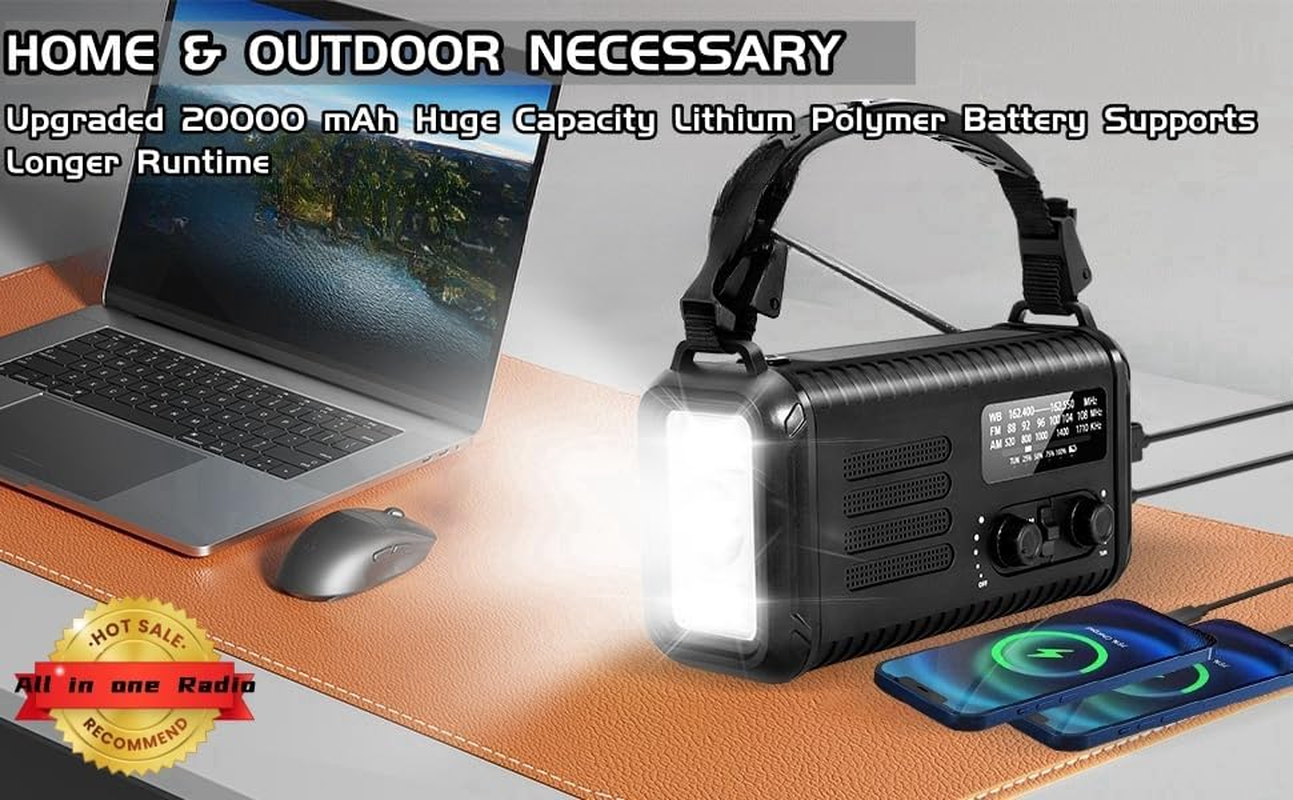 Emergency Weather Radio,20000Mah Solar Radio, Hand Crank Radio with AM/FM/NOAA, Portable Radios with Flashlight & Reading Lamp, Earphone Jack,Sos Alarm, Phone Charger for Indoor Outdoor Emergencies image number 1